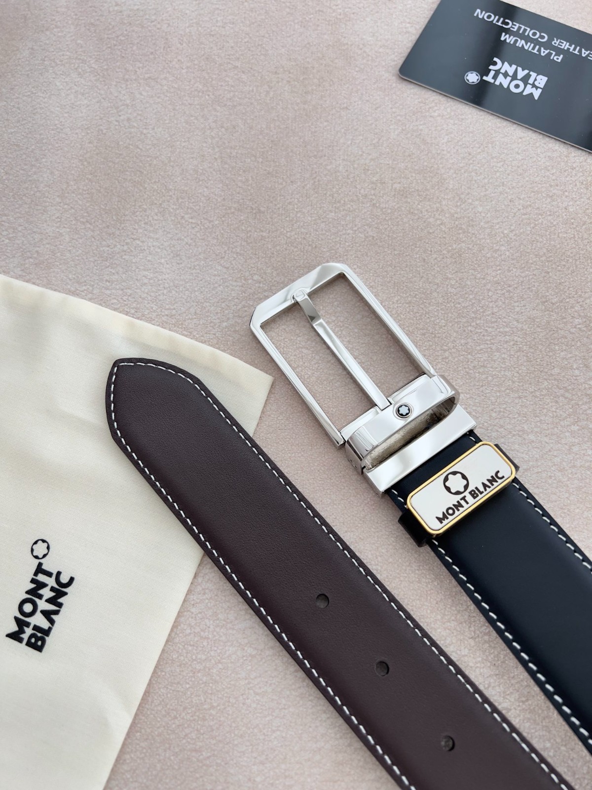 Montblanc Reversible Leather Belt Silver Pin Buckle Men’s Dress Belt-90CM