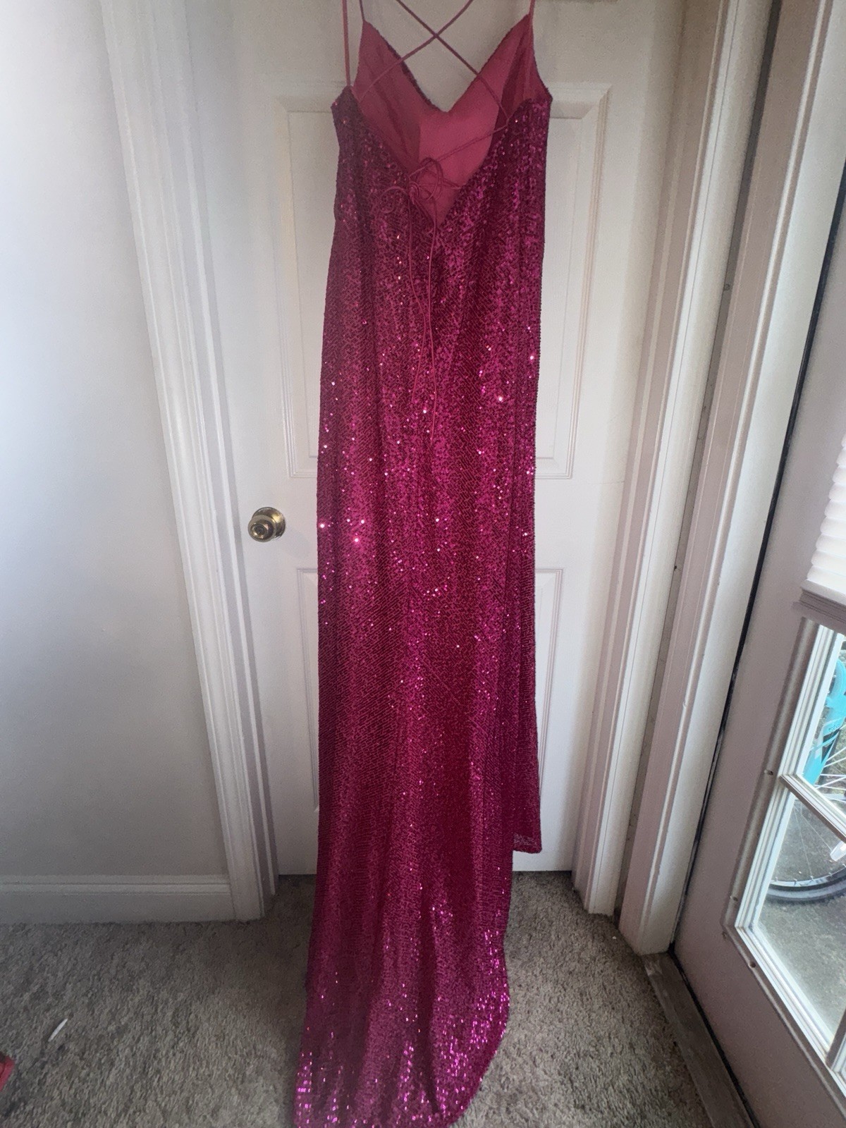 Clelias Boutique Pink Sequin V-Neck Spaghetti Strap Long Gown Slit XL