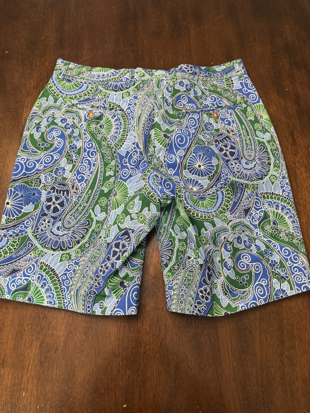 J. McLaughlin Men’s Bermuda Shorts Paisley Blue/Green/White Flat Front Pockets