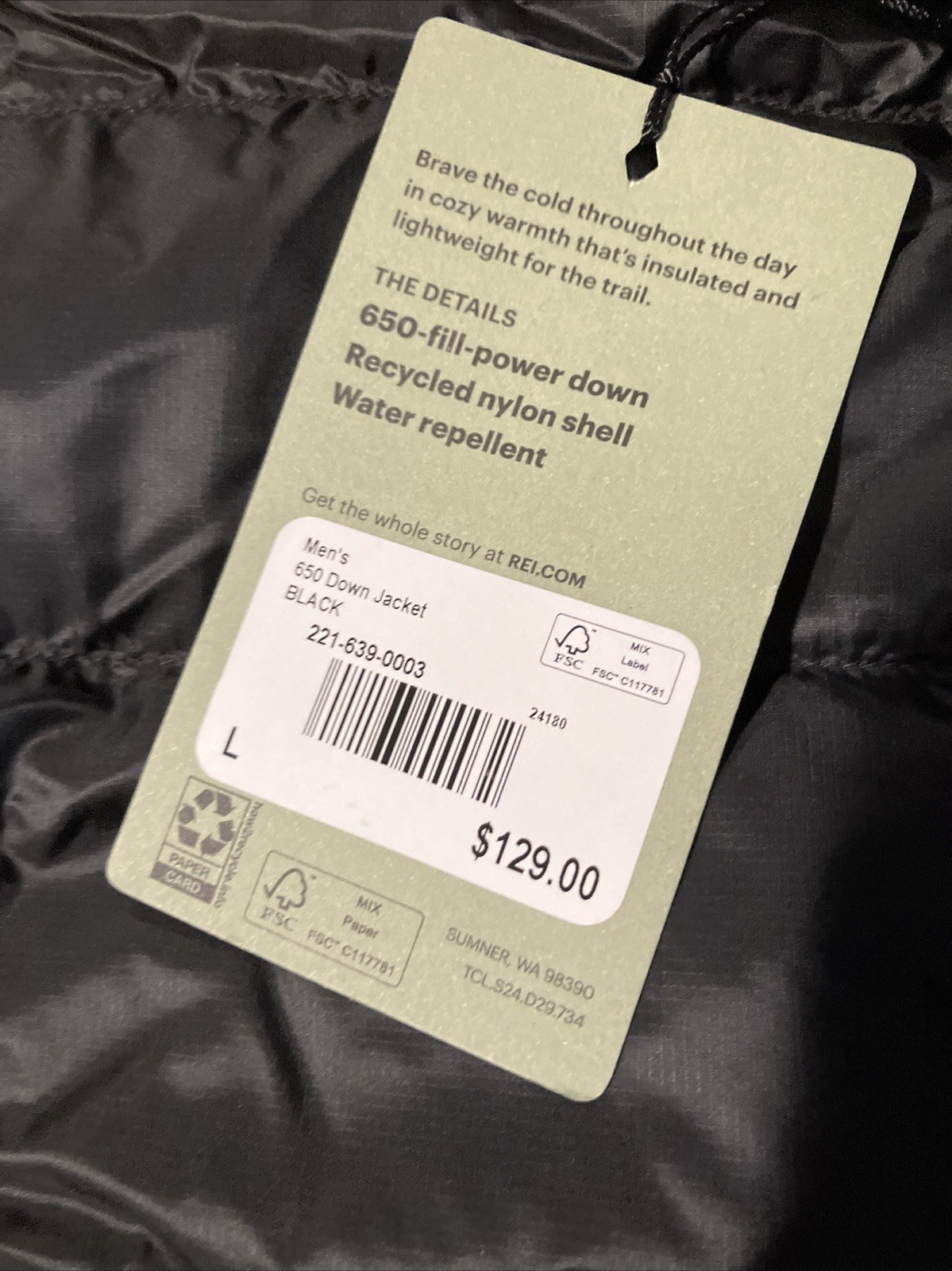 REI Coop 650 Down Jacket Men Lightweight Waterproof Quilted Pack Puffer Blk LG