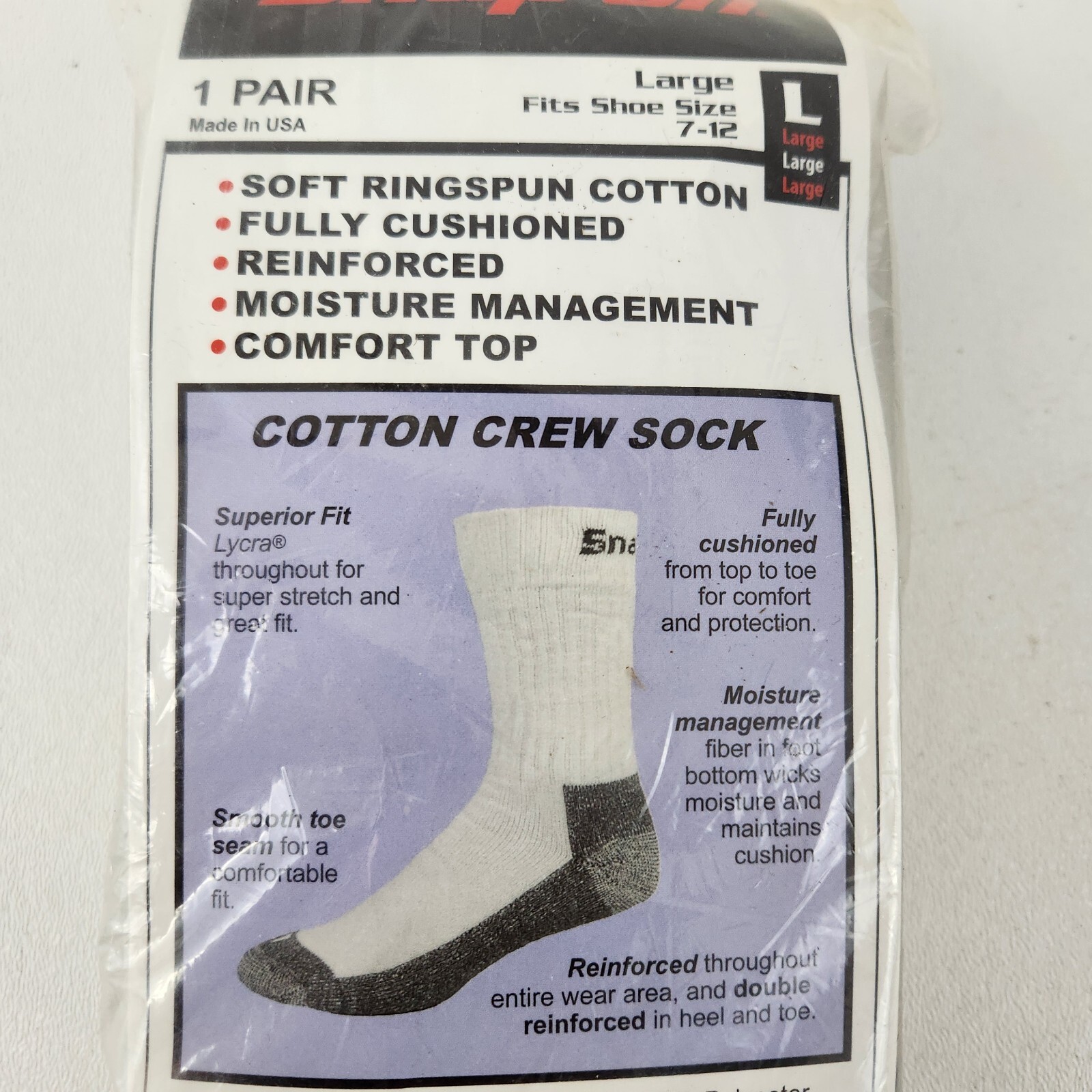 Snap-on Tools Large (Size 7-12) Cotton Crew Socks Made In The USA