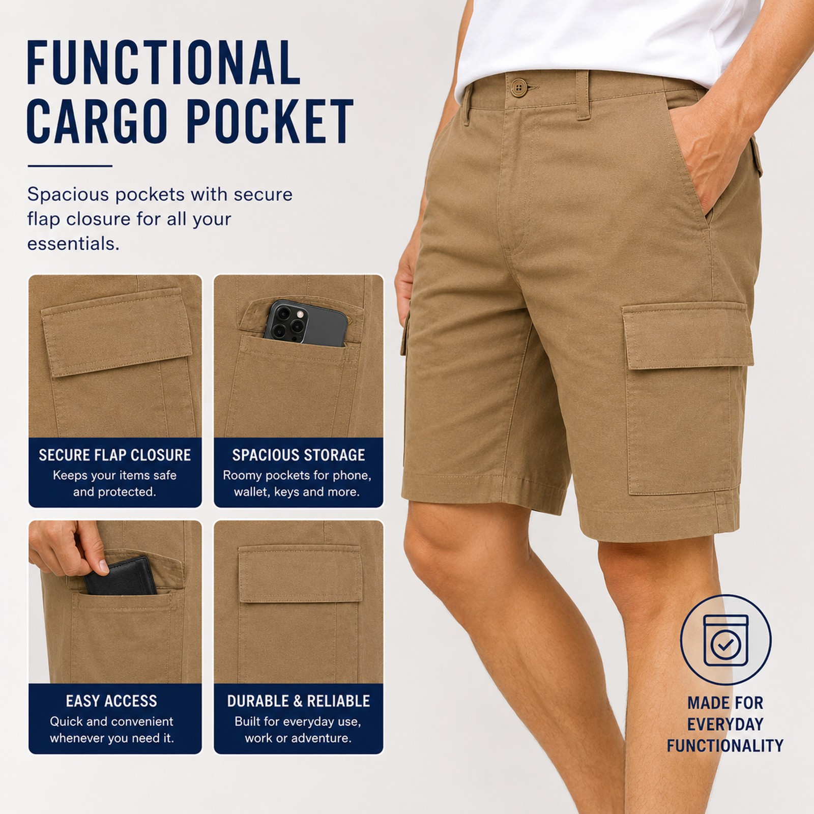Men’s Super Stretch Cargo Shorts with Button Closure and Zipper Pockets (30-42)