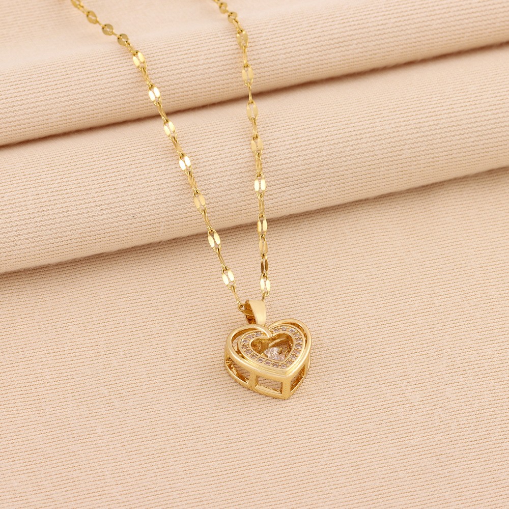 Double-layer Love Necklace With Rhinestones Titanium Steel Pendant Fashion Jewel