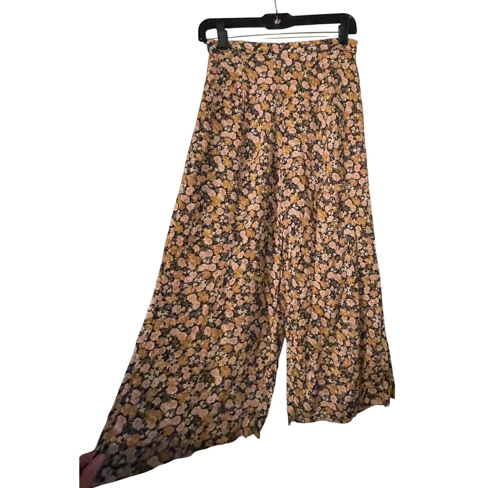 High Waisted Floral Wide Leg Crop Pants Flowy Culottes Mustard Pink Multi