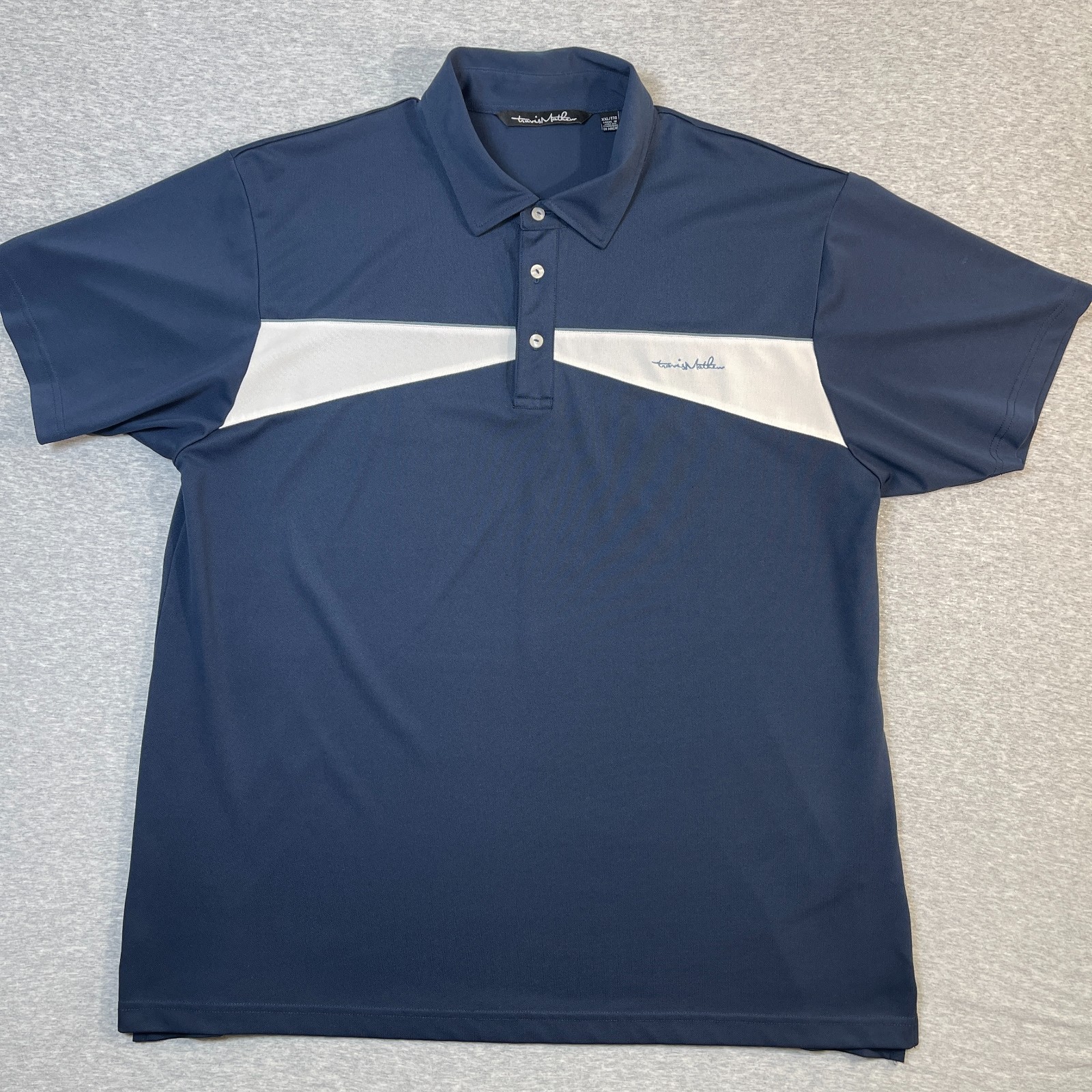 Travis Mathew Shirt Mens 2XL XXL Navy Blue White Chest Stripe Golf Polo Core Cut