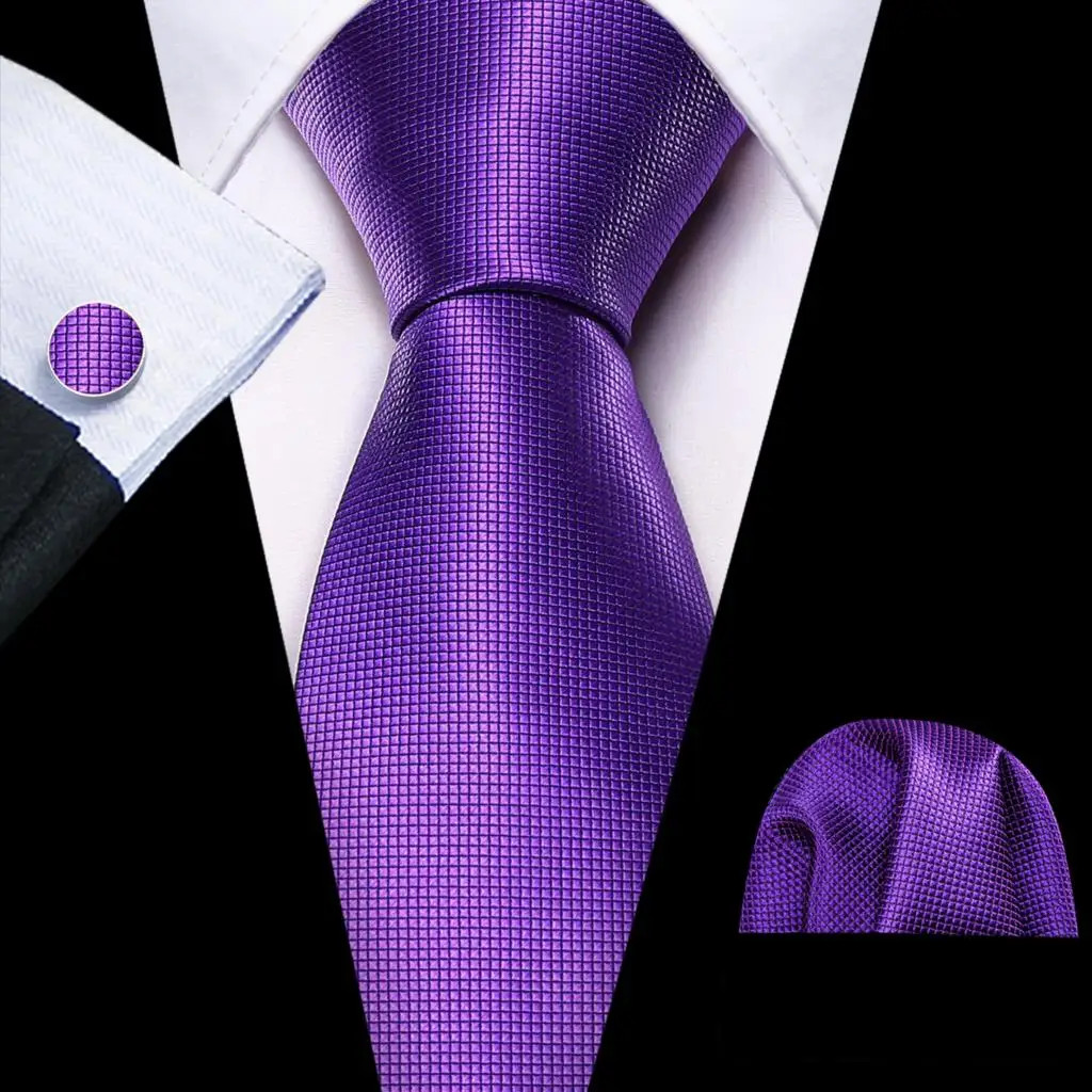 Silk Jacquard Tie Set Floral Purple Necktie Handkerchief Cufflinks Wedding Men’s