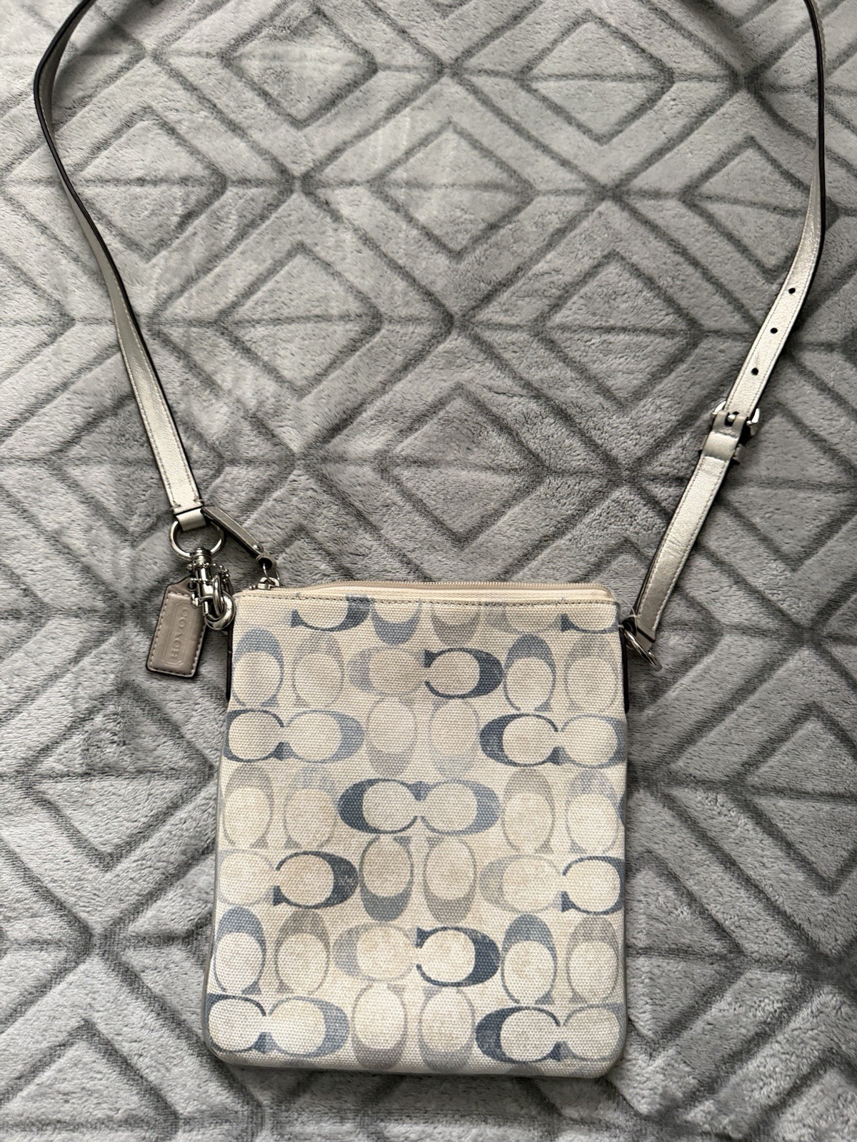 Coach Signature Monogram Small Crossbody Bag Zip Top Adjustable Strap Beige/Blue