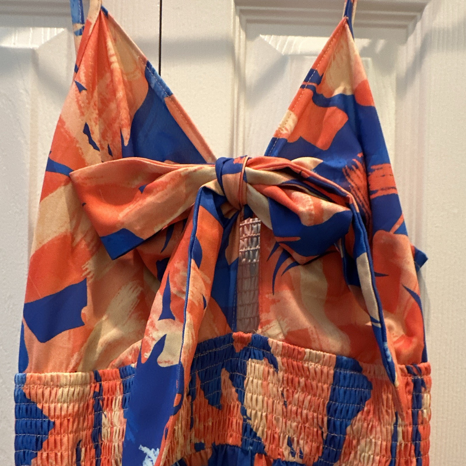 Grace Karin Blue Orange Beige Abstract V-Neck Smocked Bow Maxi Dress L