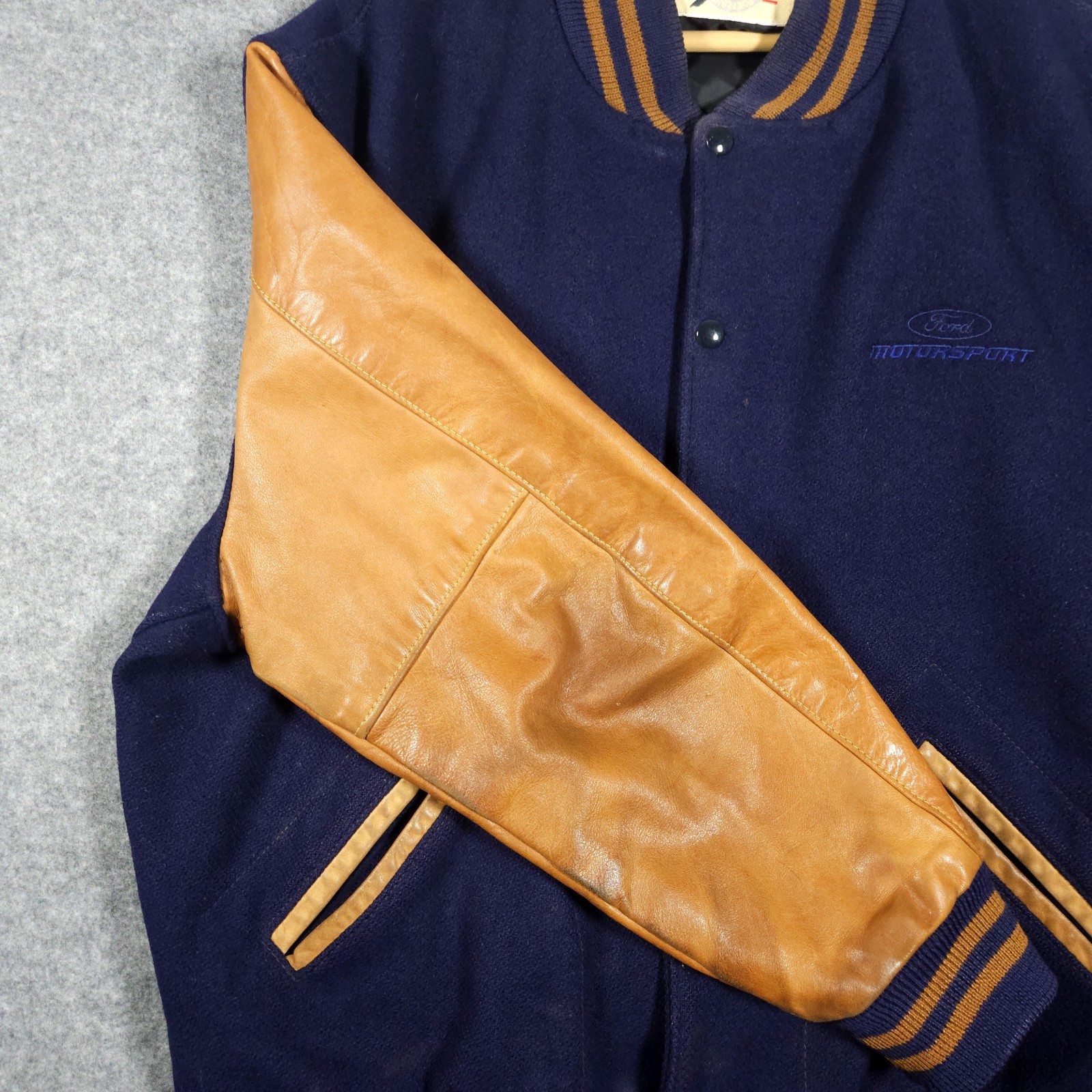 Dehen Varsity Jacket Mens XL Wool Brown Leather Made in USA Ford Logo Portland