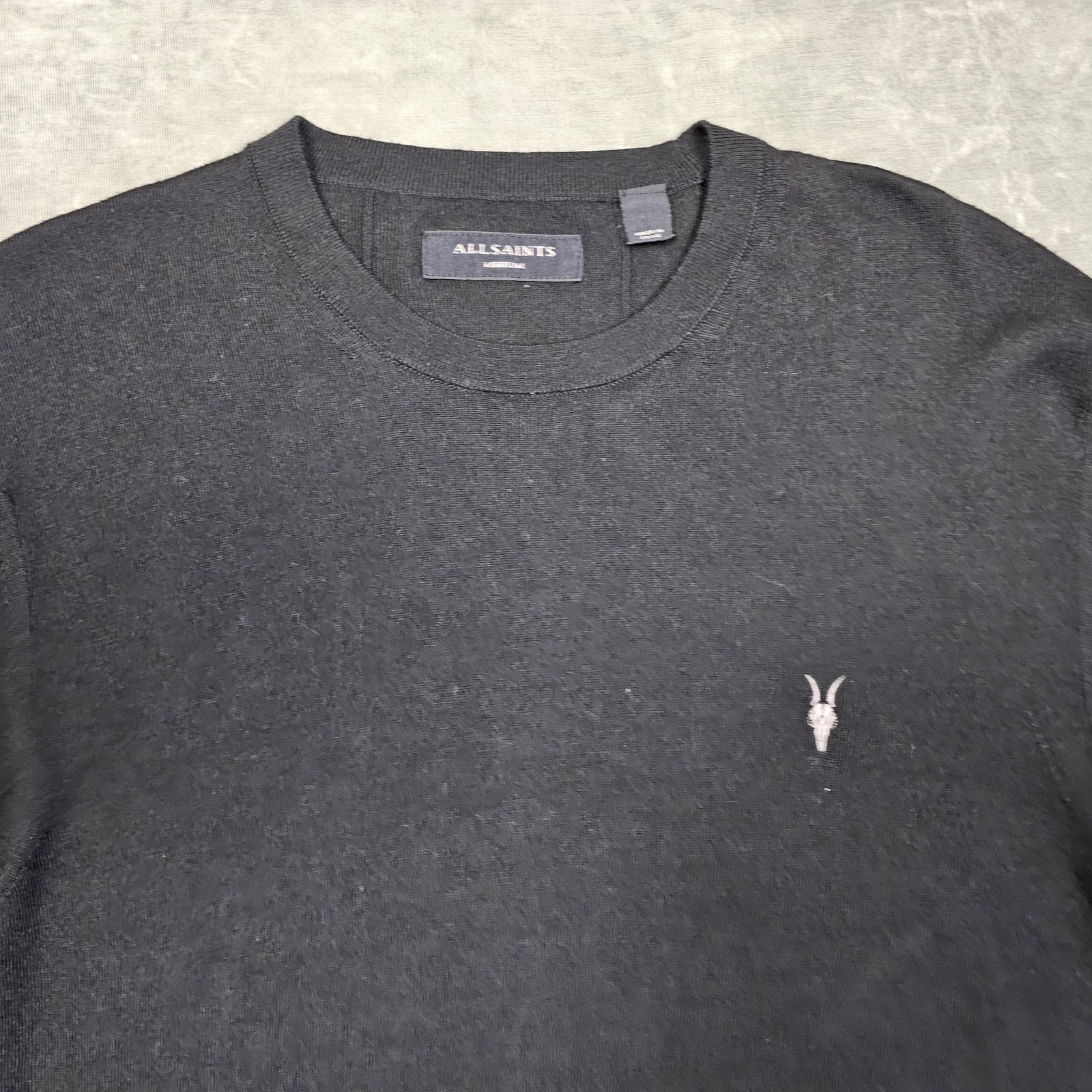 AllSaints Sweater Mens Medium Black Nomo Crew Ramskull Logo Wool Blend Pullover