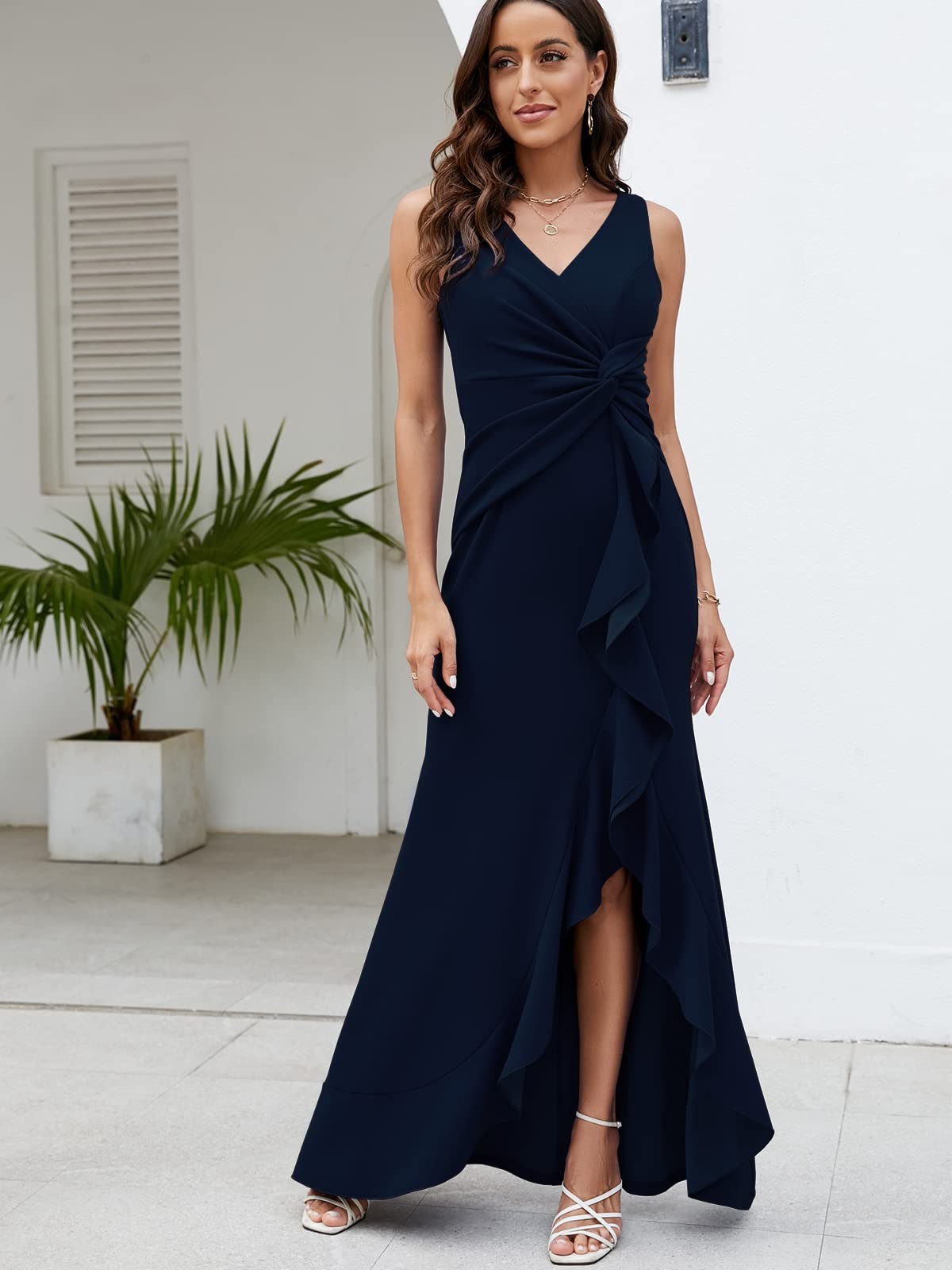 FQA Formal Evening Dress Large Navy Blue V Neck Sleeveless Floor Length Gown