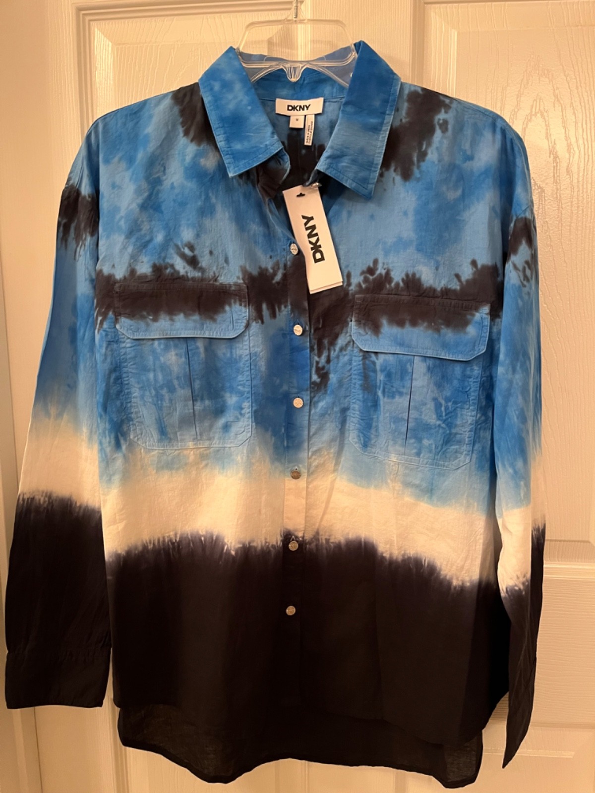 DKNY Women’s Long Sleeve Tie Dye Button Front Shirt Collared Flap Pockets SZ- M