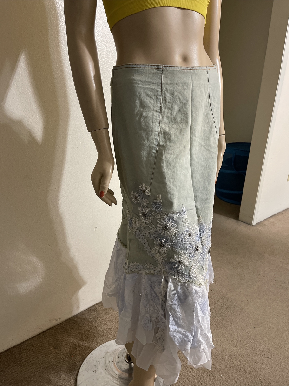 Light Blue White Denim Hippie Boho Beaded Embroidery Lace Size L(8-10) Skirt 710
