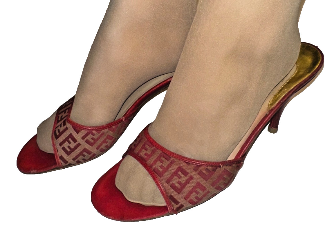 Fendi Red Monogram Zucca Canvas Mules Vintage Clogs Size 39