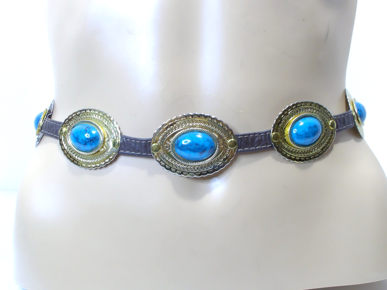 Unbranded Navtive American Leather Tie Strap with Turquoise and Gold Designs