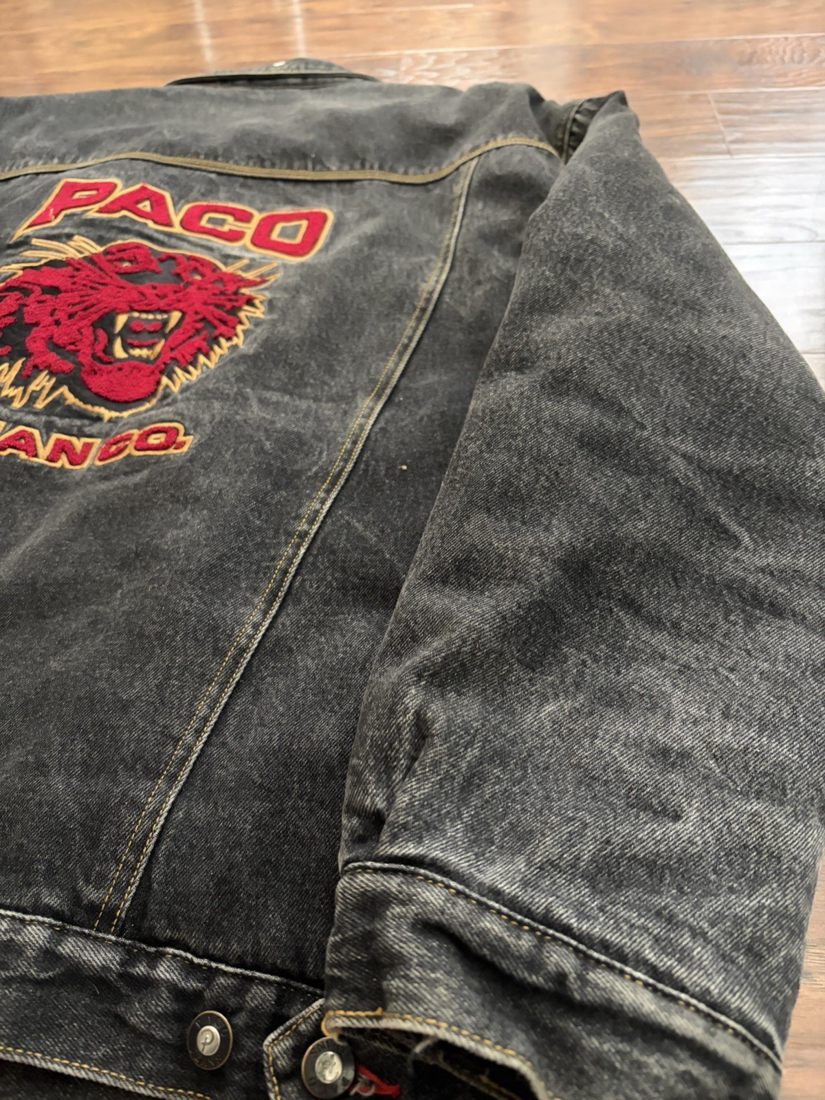 PACO Men’s Black Denim Jacket XL Embroidered Logo Lined Button Front