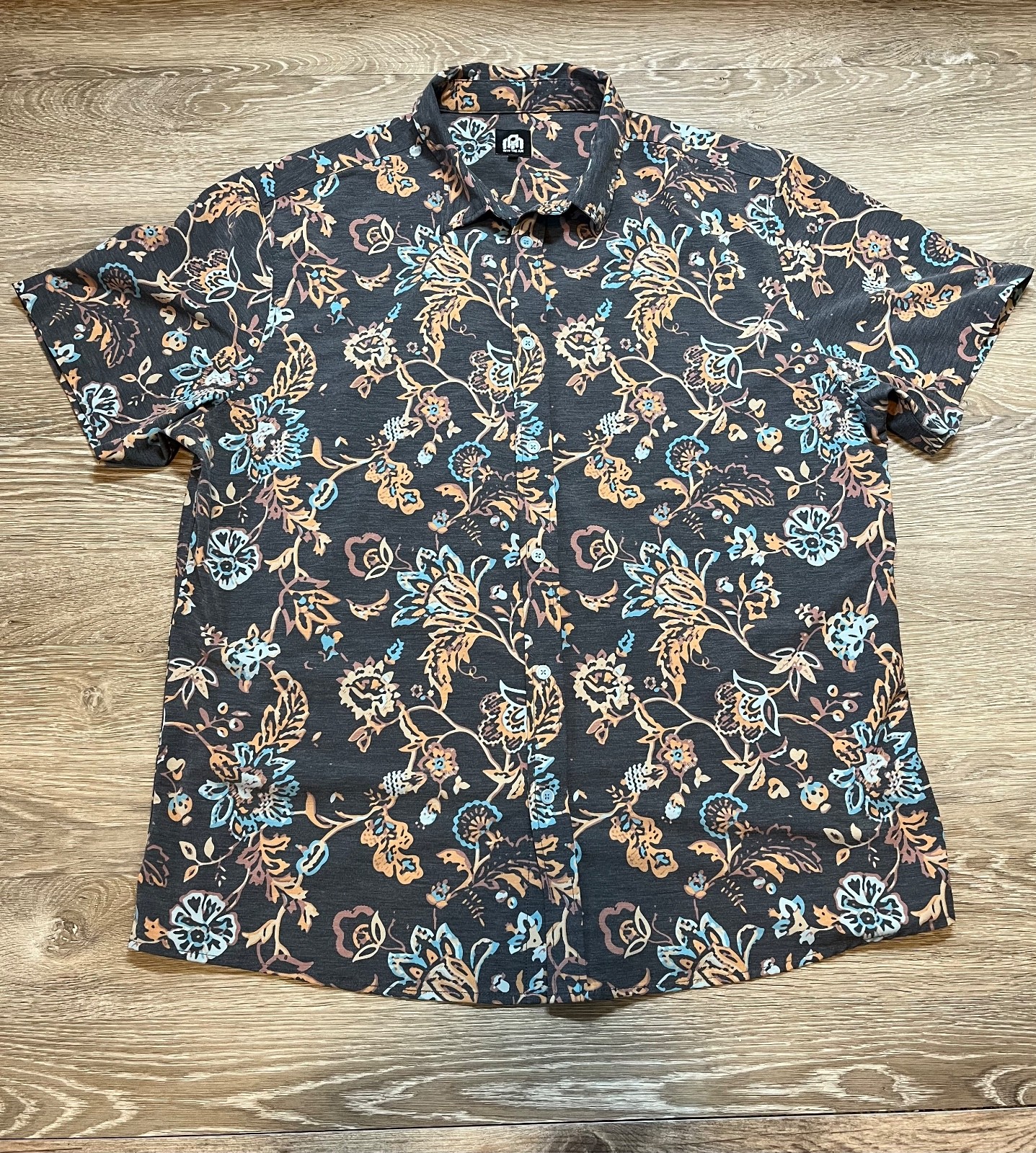 Into The AM Floral Relaxed Button Up Shirt Men’s XL Black Orange Blue Short Slee