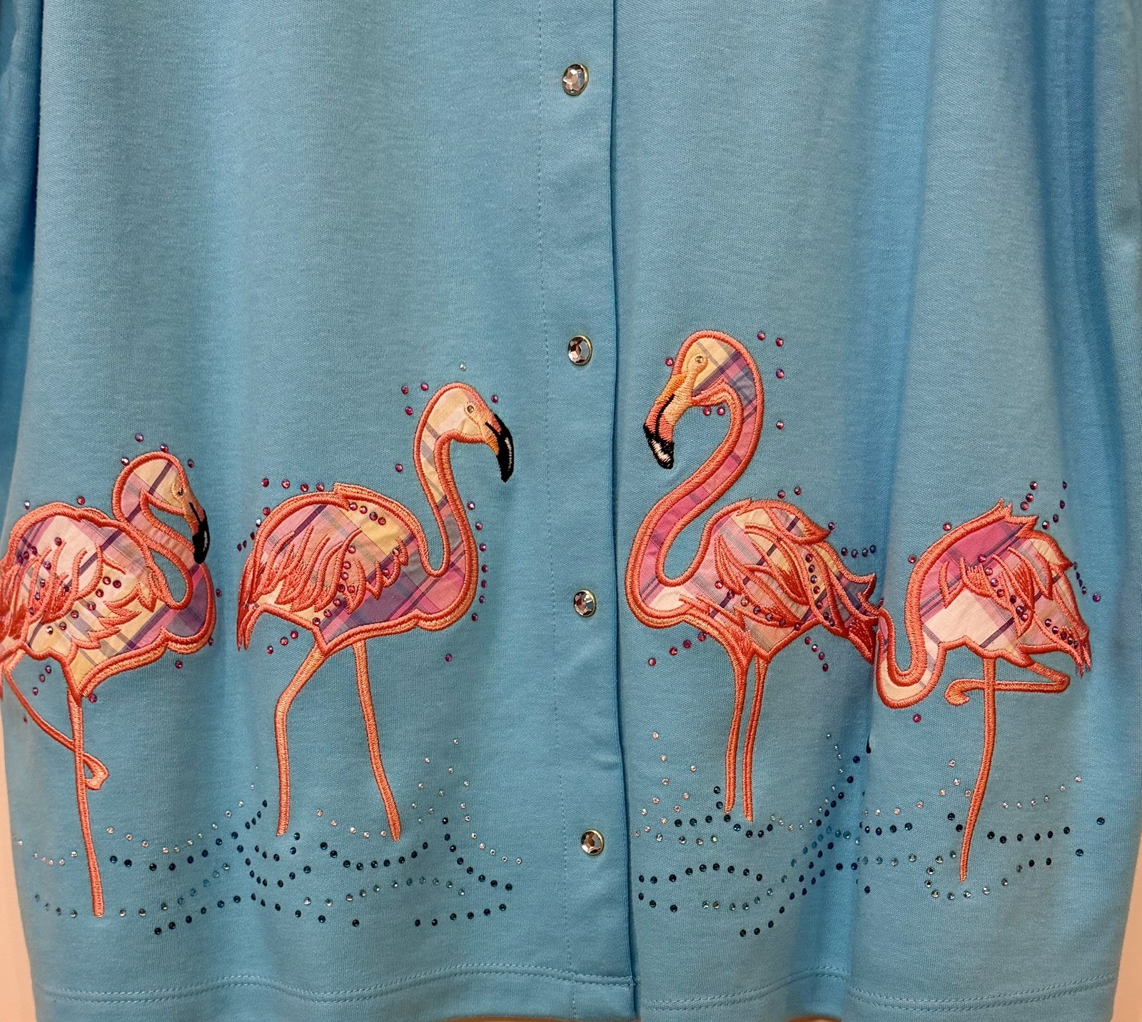 Quacker Factory Cardigan With Embellishments-Blue With Flamingos-1X