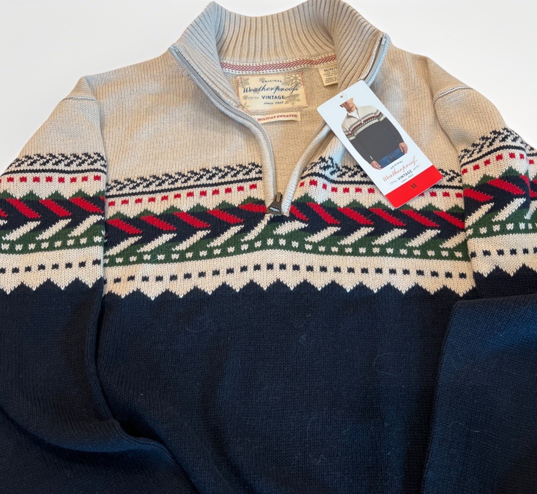Vtg Original Weatherproof NAVY Nordic Sweater Holiday 100% Cotton Sz M -NEW