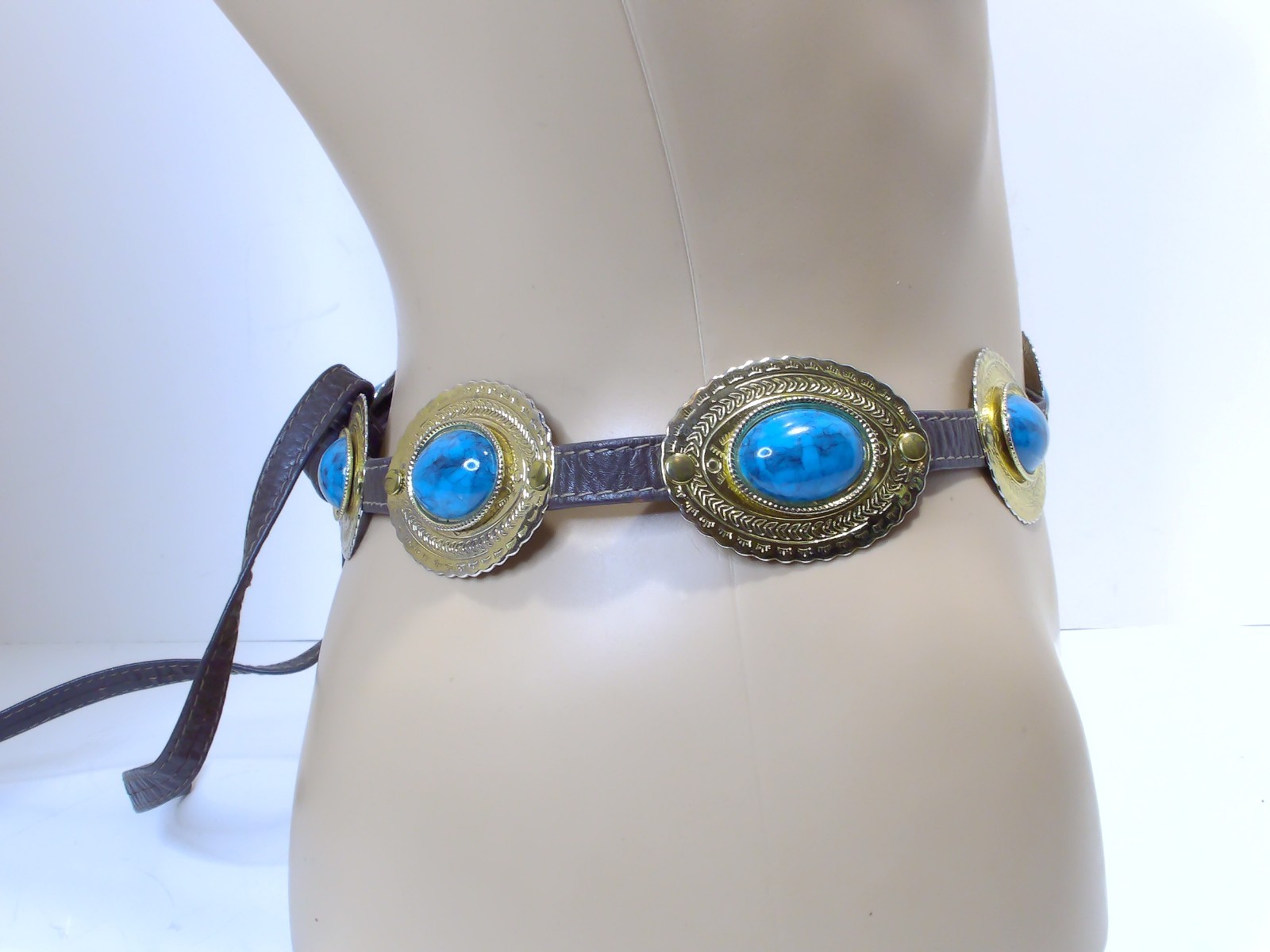 Unbranded Navtive American Leather Tie Strap with Turquoise and Gold Designs