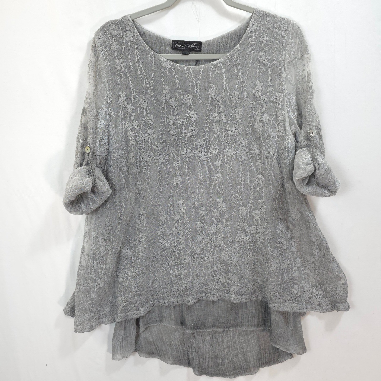 Gray Embroidered Lace Blouse Layered L Roll Tab Sleeve Boho Romantic Cottagecore