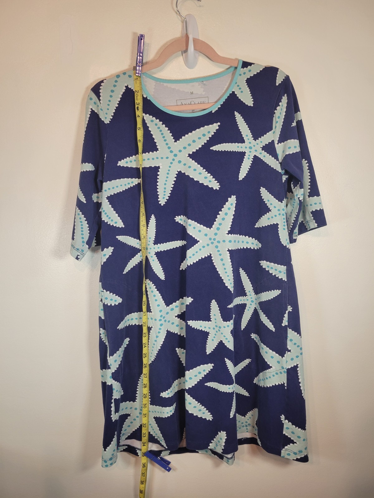 Ana Clare Sea Star Blue A-line Swing Dress Pockets Medium Starfish Beach