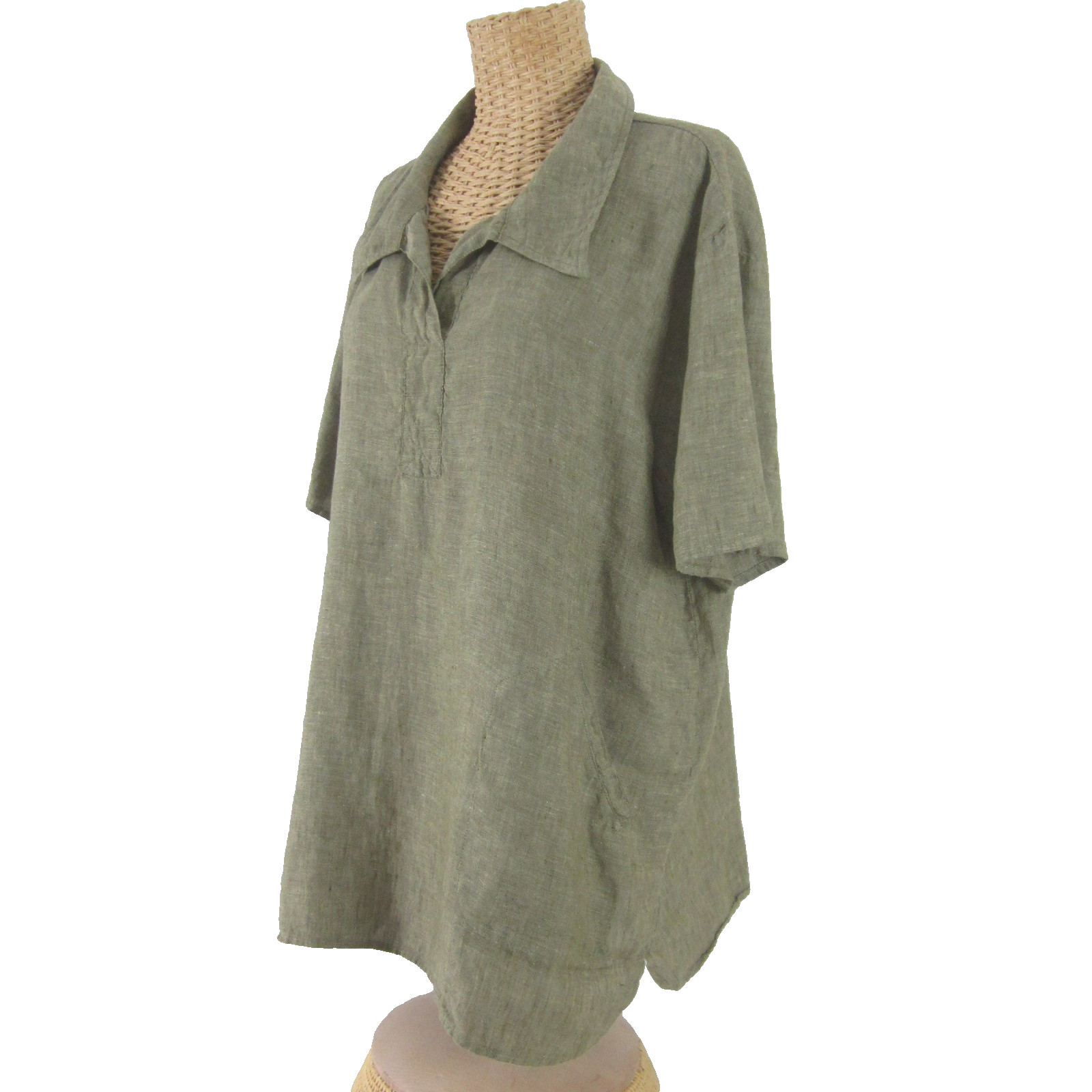 Andrea Jovine Womens Large Olive Green Linen SS Tunic Shirt Pocket Relaxed Fit