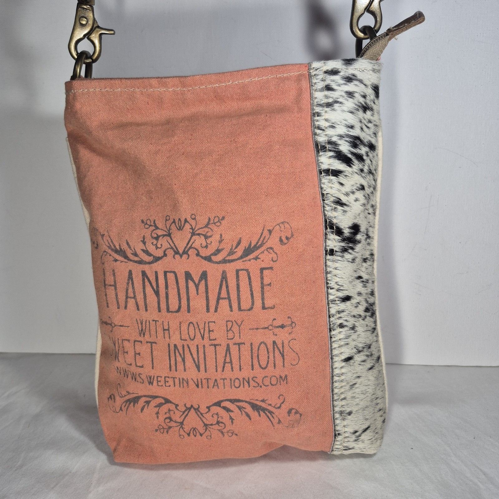 Clea Ray Upcycled Canvas Crossbody Bag Cowhide Handmade With Love Coral Adjust