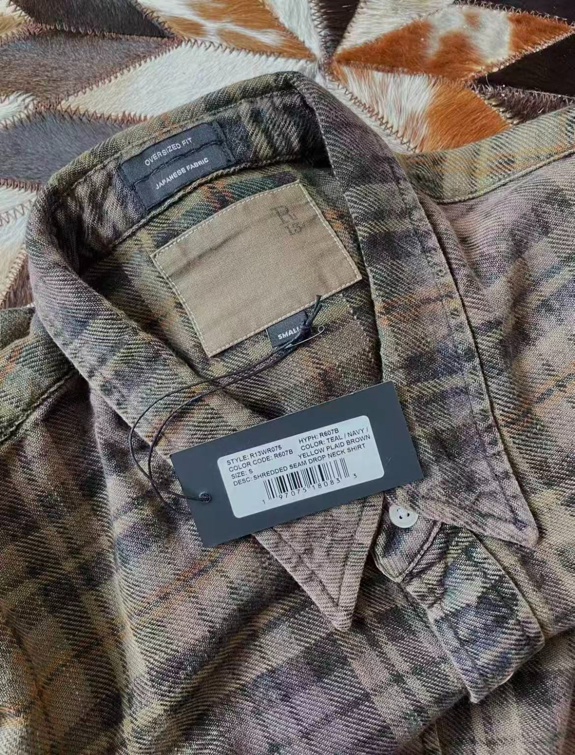 R13 Shredded Seam Drop Neck Shirt Teal and Navy Plaid Size XS
