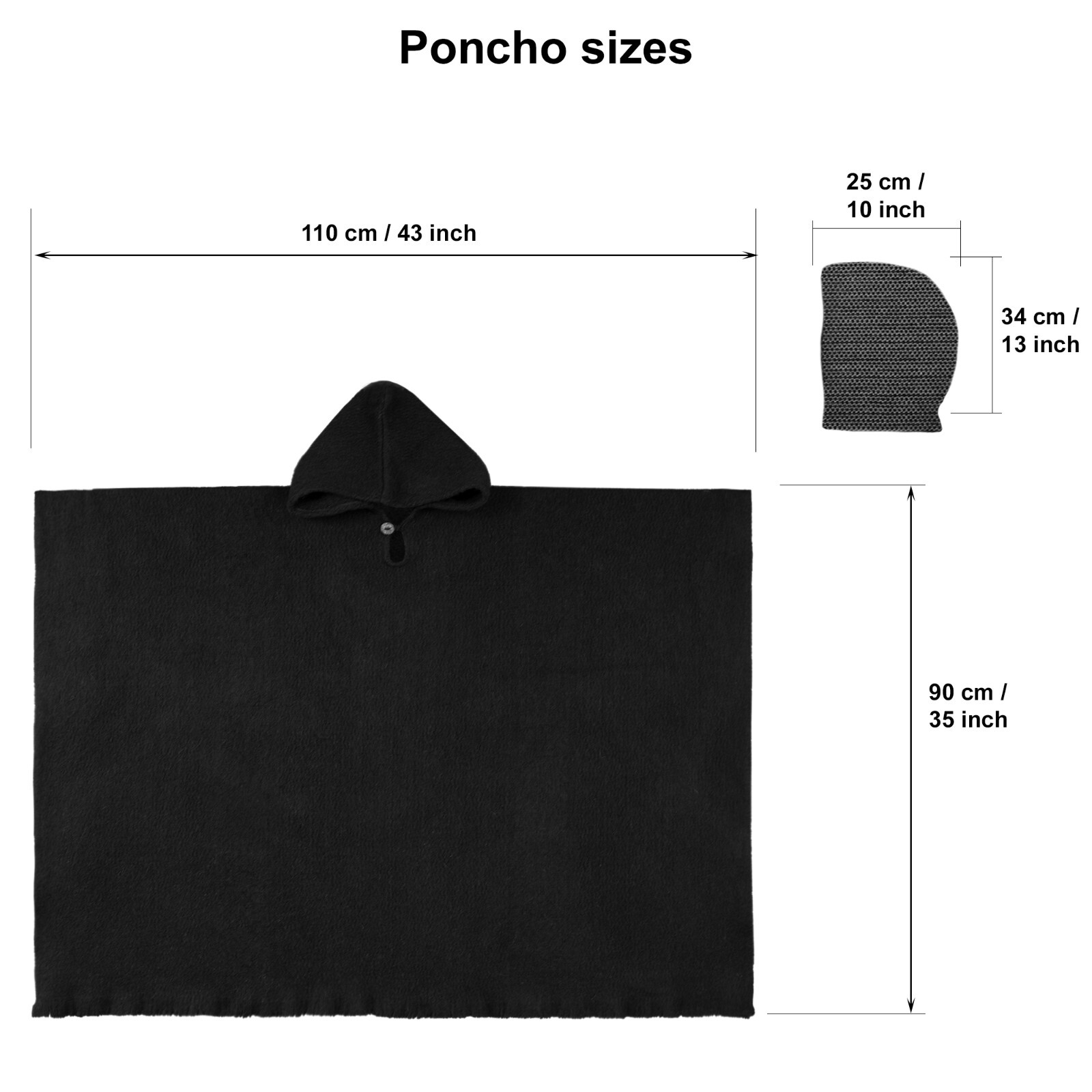LLAMA WOOL MENS WOMANS UNISEX HOODED PONCHO ETHNIC TRIBAL BOHO SOLID BLACK S-XL