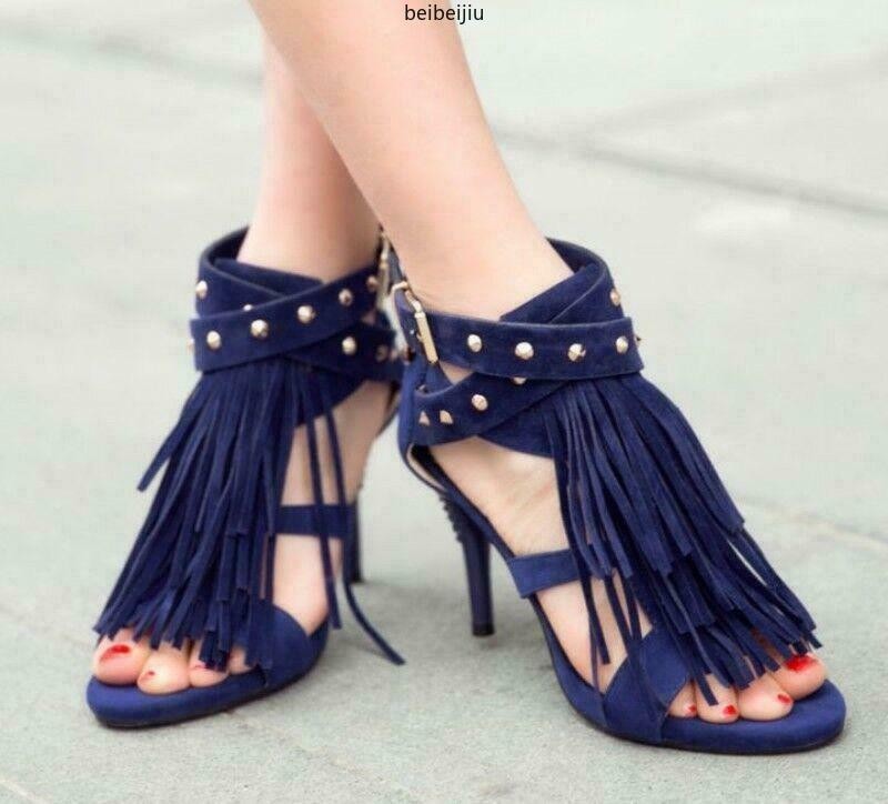Tassels Rivet Gladiator Women’s Sandals Buckle Shoes Strap High Heel Roma Hot