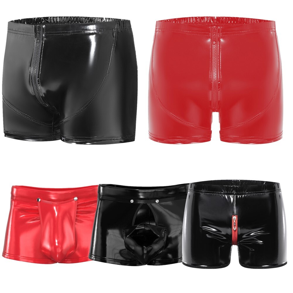 US YiZYiF Men Wet Look Leather Openable Crotch Boxer Shorts Zipper Button Shorts