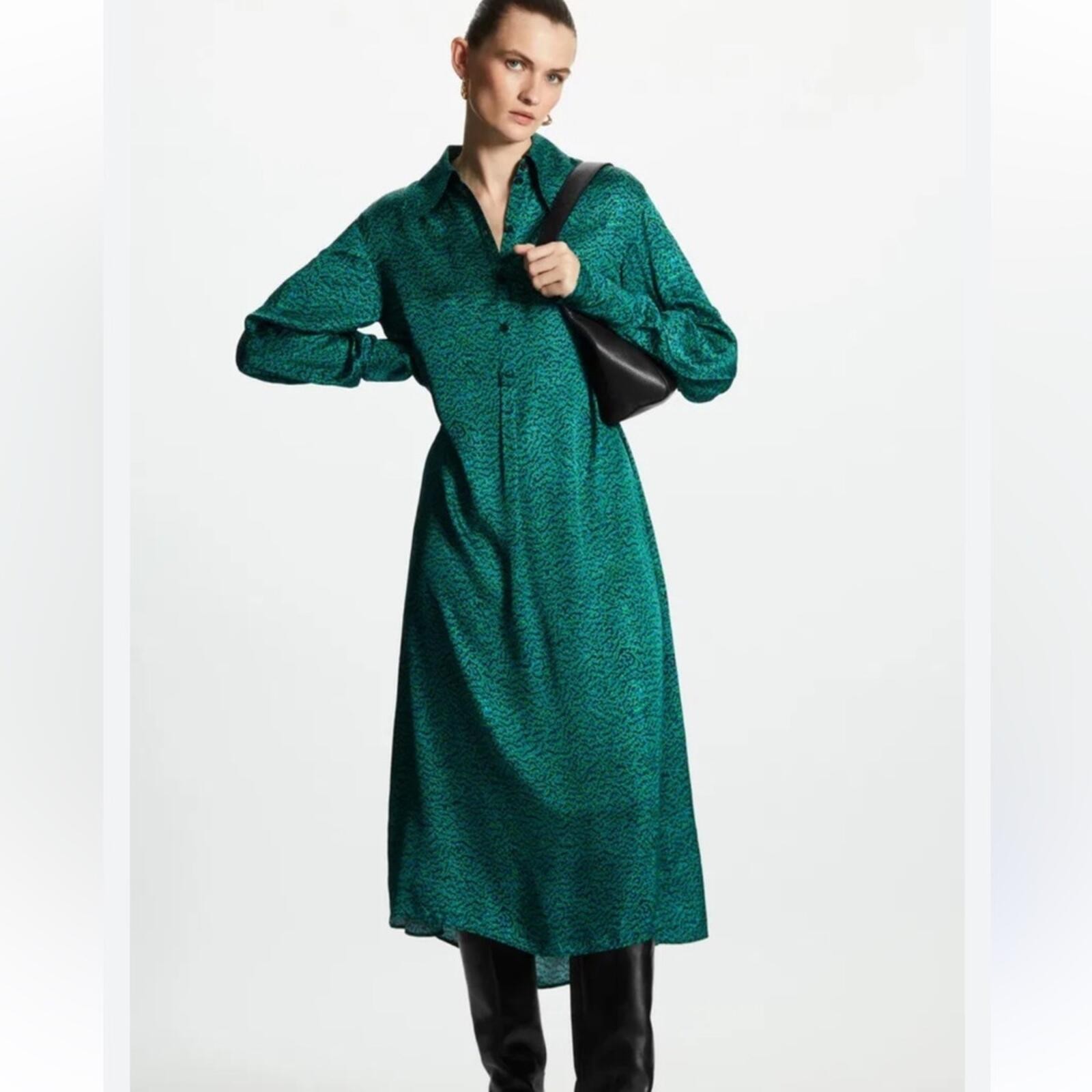 COS Printed Midi Shirt Dress In Dark Green