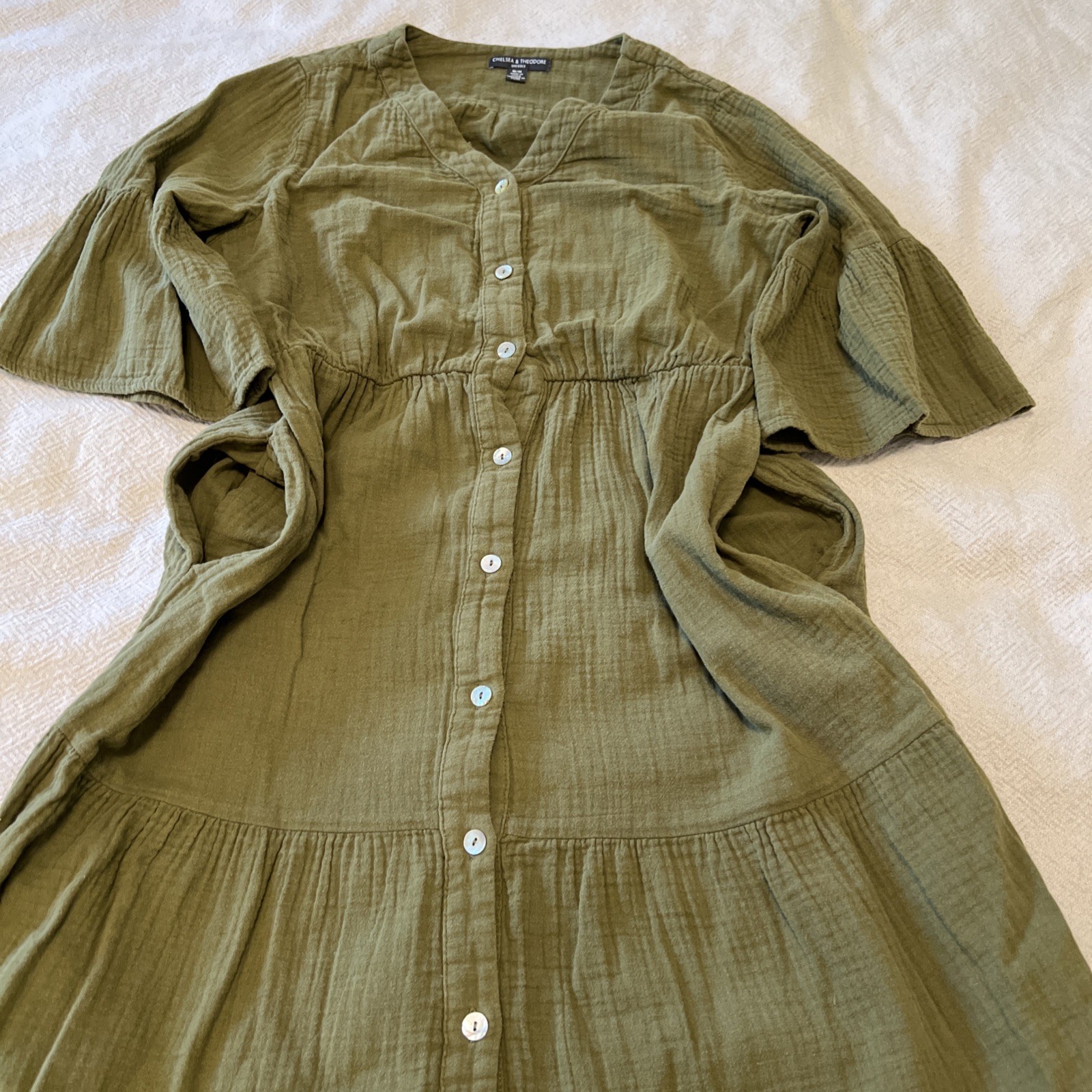 Women’s M Olive Green Cottage 100% Cotton Tiered Elastic Waist Pockets Dress