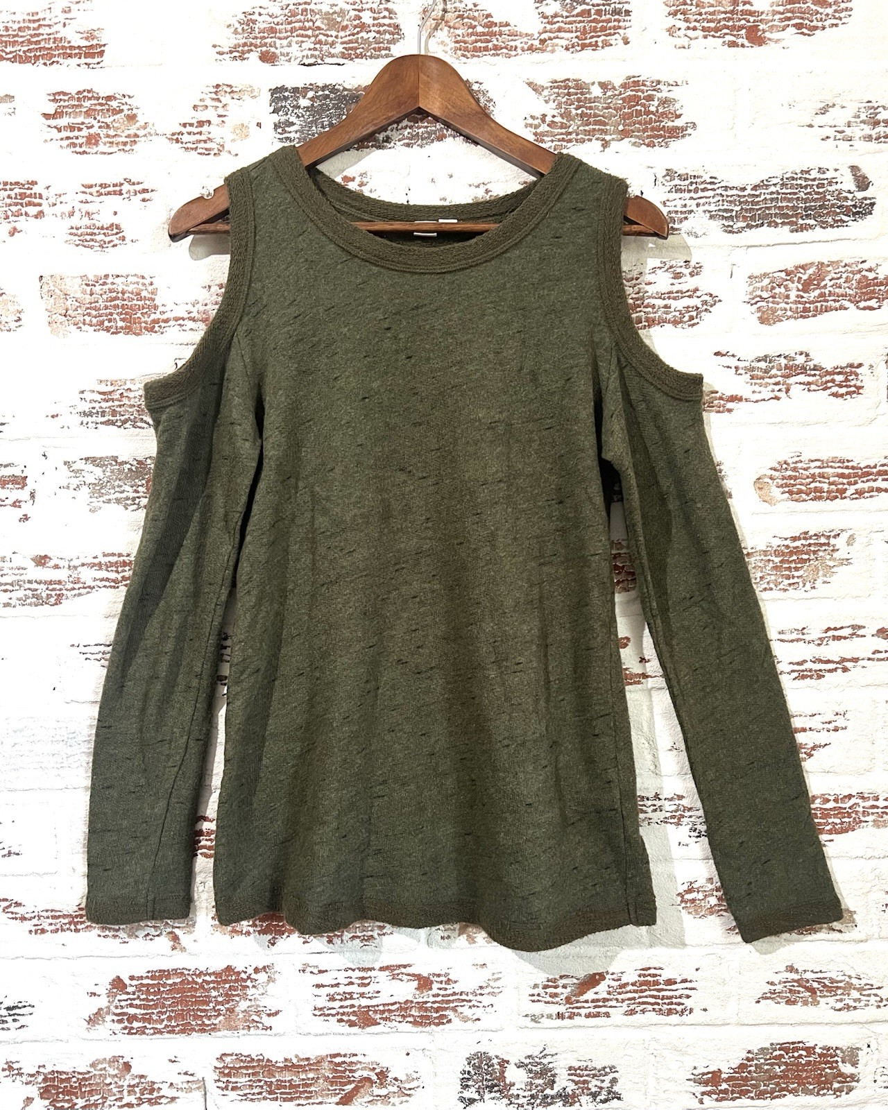 Melrose And Market Top Olive Green Open Shoulder Cotton Blend Speckled Size M