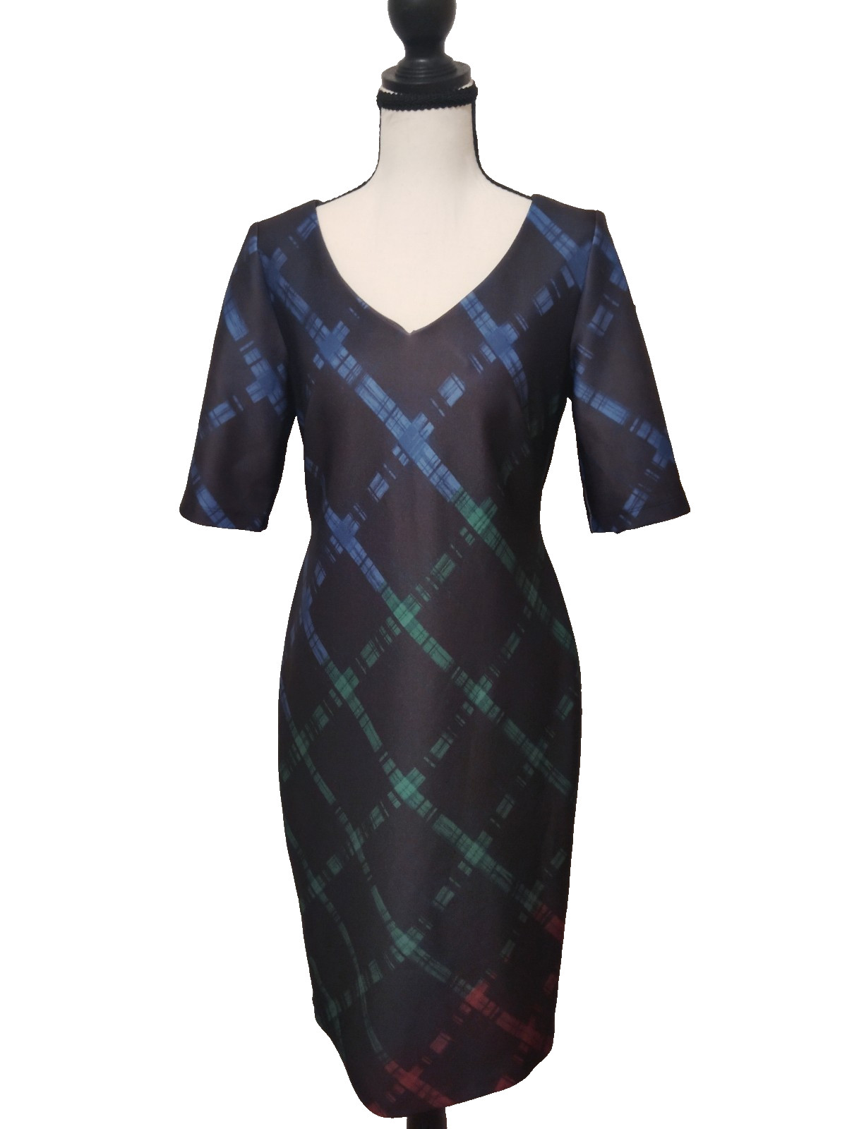 JUST TALOR NAVY PLAID SHEATH DRESS SIZE 8 V NECK CAREER OFFICE MIDI DRESS
