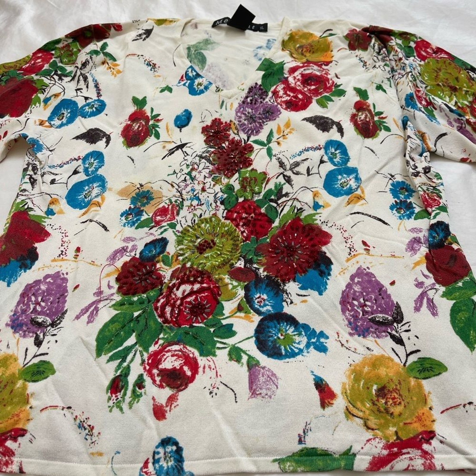 Mechant Floral Rosette Top 3/4 Length Sleeve XL