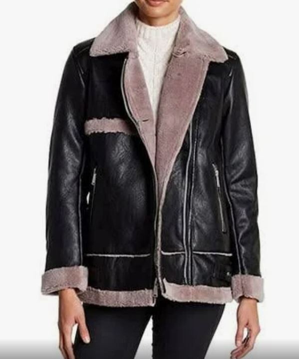 BCBGeneration Vegan Leather Bomber Jacket Small Shearling Fur Zip Black Brown