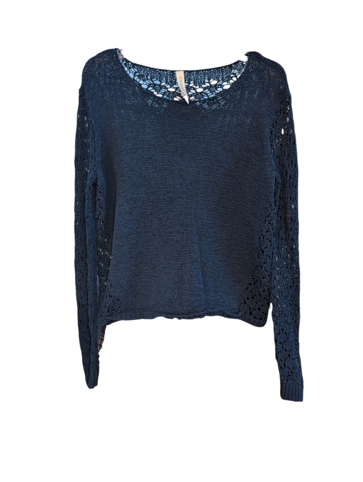 Aeropostale Solid Navy Knit Pull Over Sweater With Crochet Lace Sleeves Size M