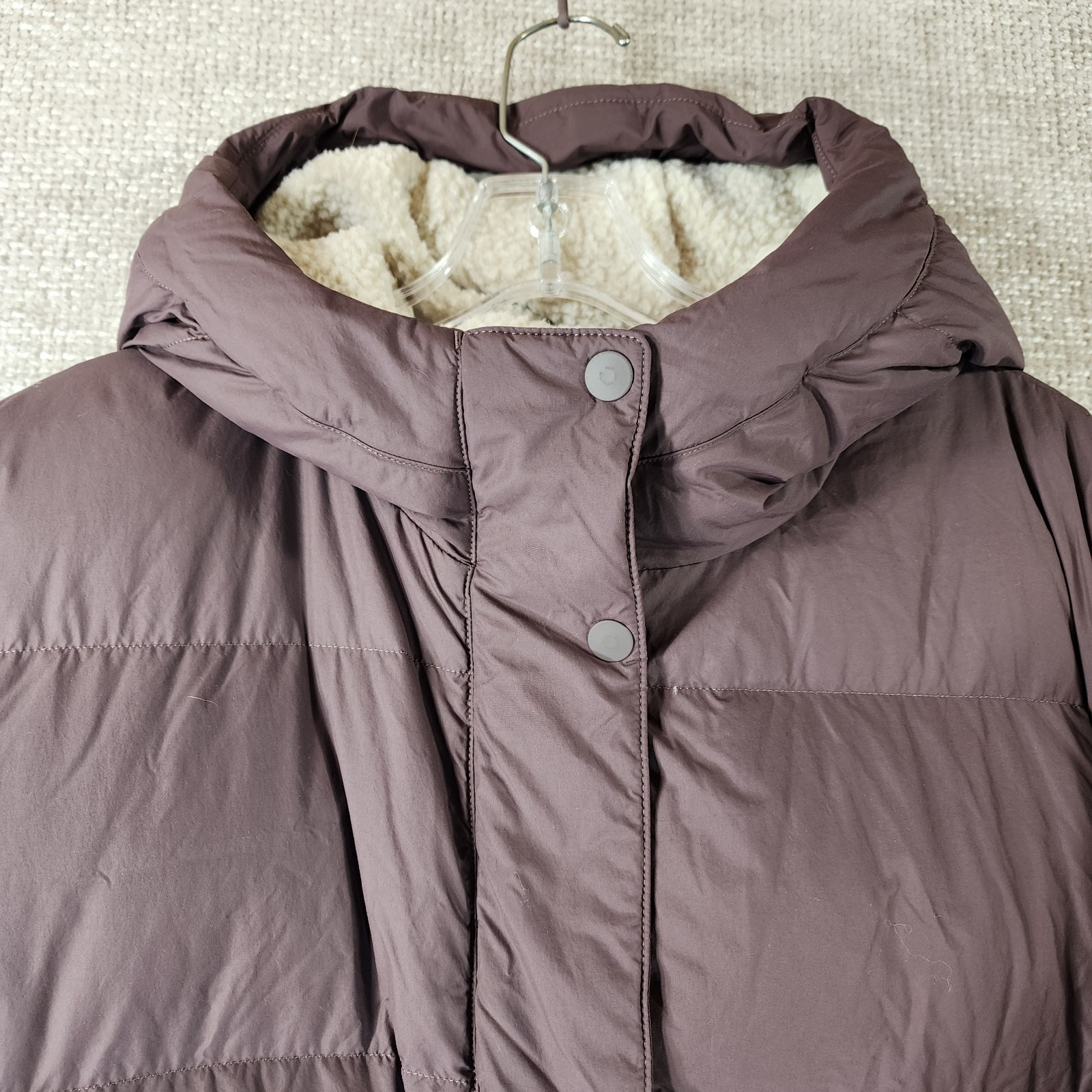 REI Down Parka Womens 3X Dusty Plum Sherpa Lined Hood Full Zip Snap