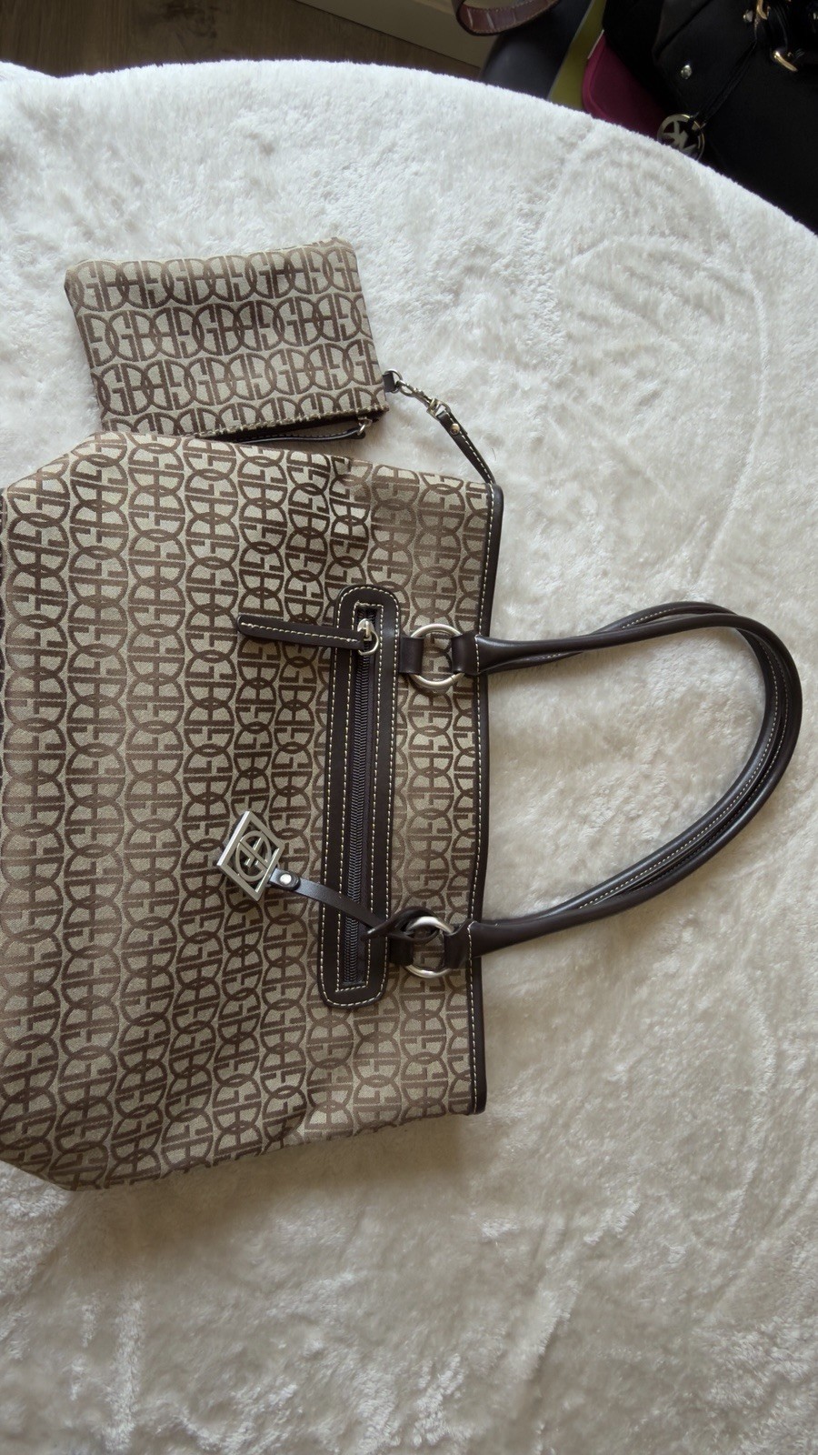 Giani Bernini Brown Monogram Large Tote Zip Top Front Zip Pocket Pouch Silver