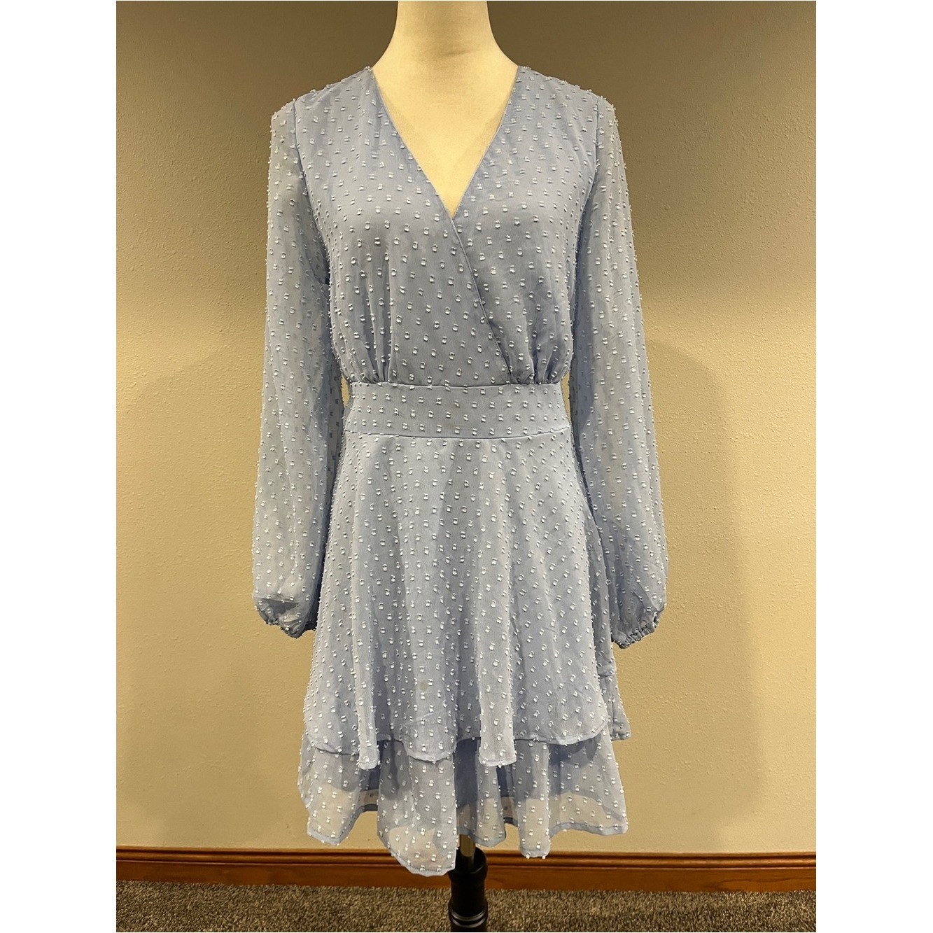 Japan Light Blue Swiss Dot long sleeves fake Wrap mini Dress size large