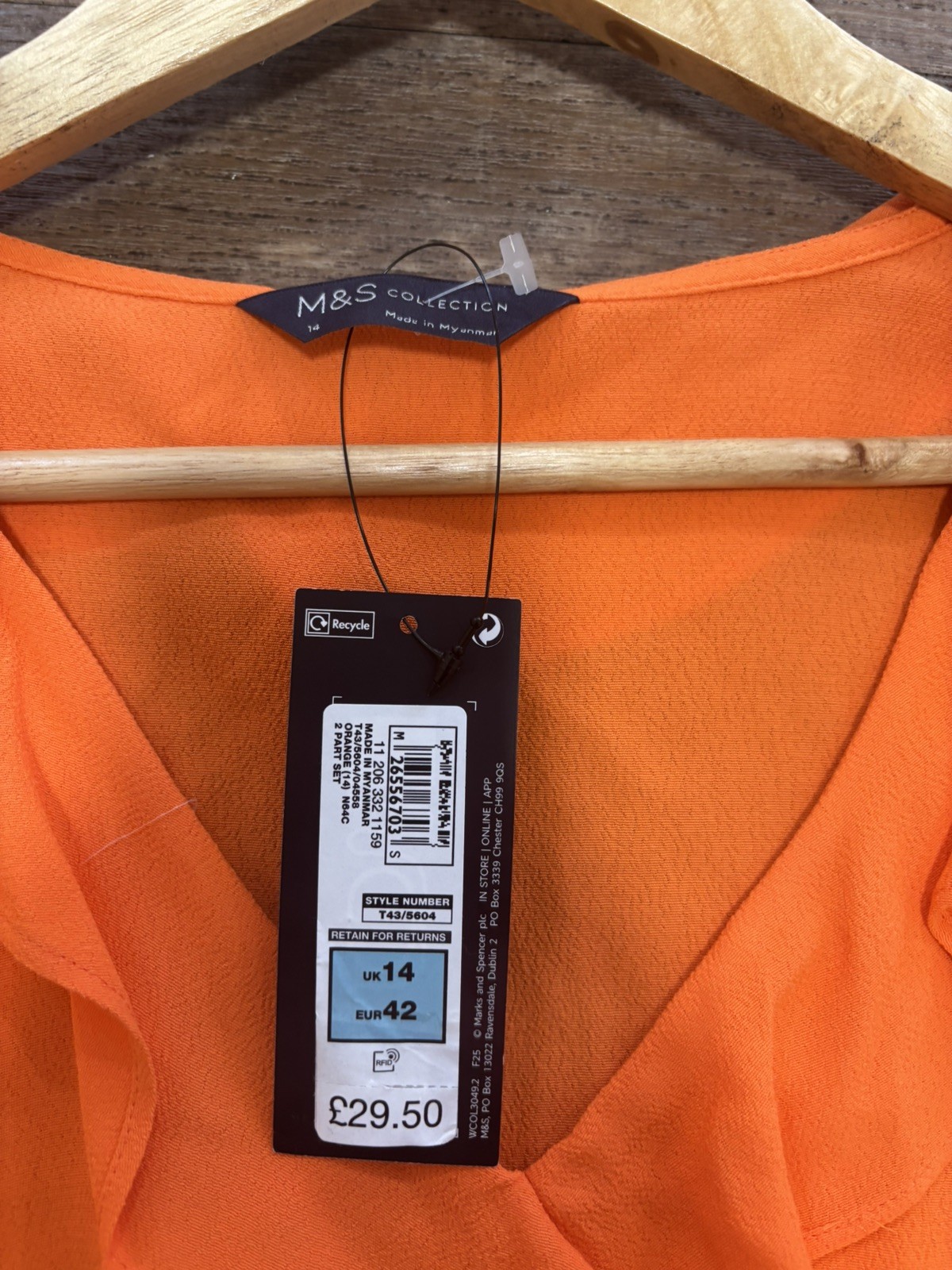 M&S Orange Frill V-Neck – Mock Wrap Blouse With Angel Sleeve Size 14 RRP: £29.50