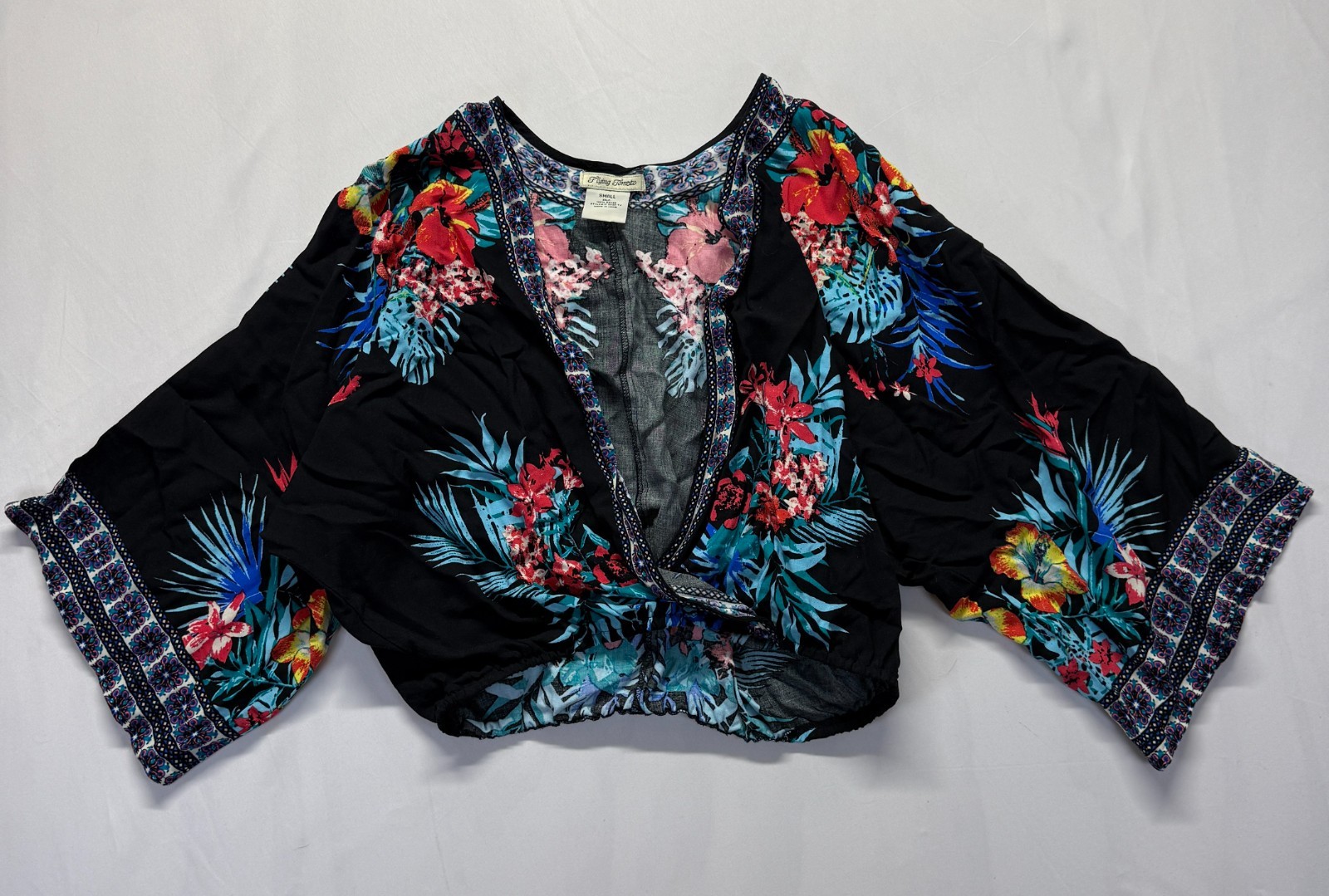 Flying Tomato Cropped Blouse Top Womens Small Black Multi Floral Print Rayon