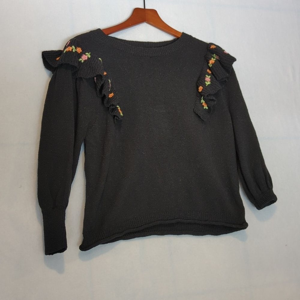 Something Navy Linen blend Louise Embroidered Ruffle Sweater S