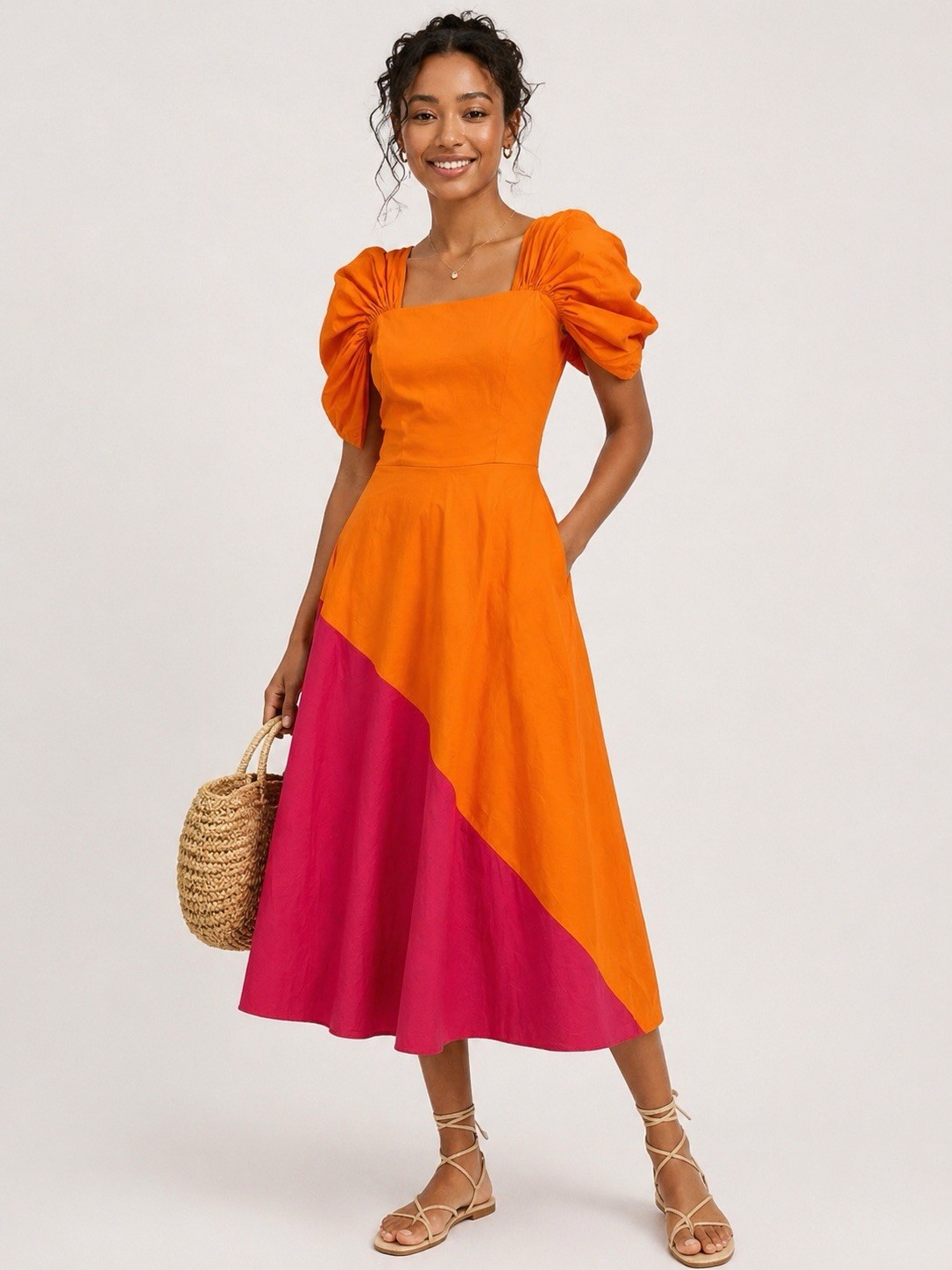 Colorblock Midi Dress Sz 6 Orange Pink Puff Slv Square Neck Dopamine Statement