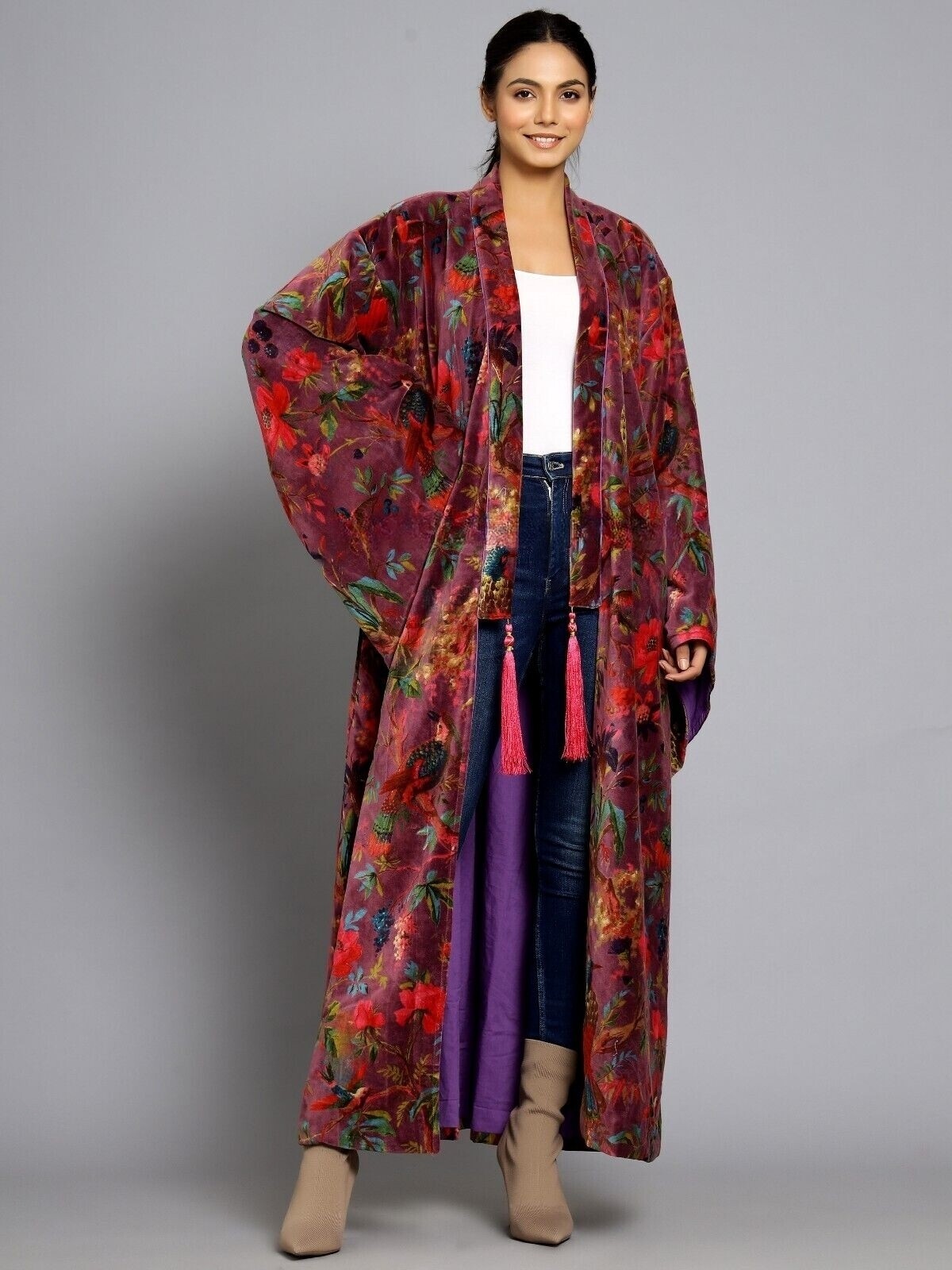 OFMD Maroon Bird Print Velvet Banyan Kimono Original OFMD Break Up Robe Jacket