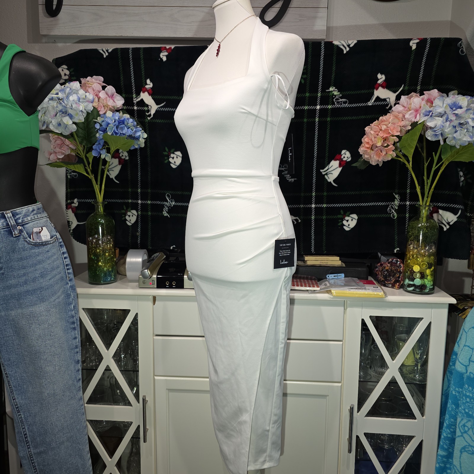 Lulus Prominent Charm White Halter Bodycon Tulip Midi Dress Size XS New NWT