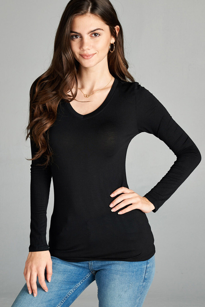 Womens V Neck Rayon Long Sleeve Top Soft Stretch Classic Fitted Lighweight Shirt