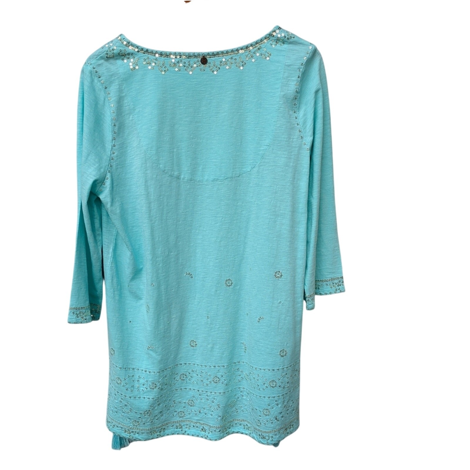NWOT Soft Surroundings Tunic Top Medium Aqua Blue Beaded Tassel Coastal